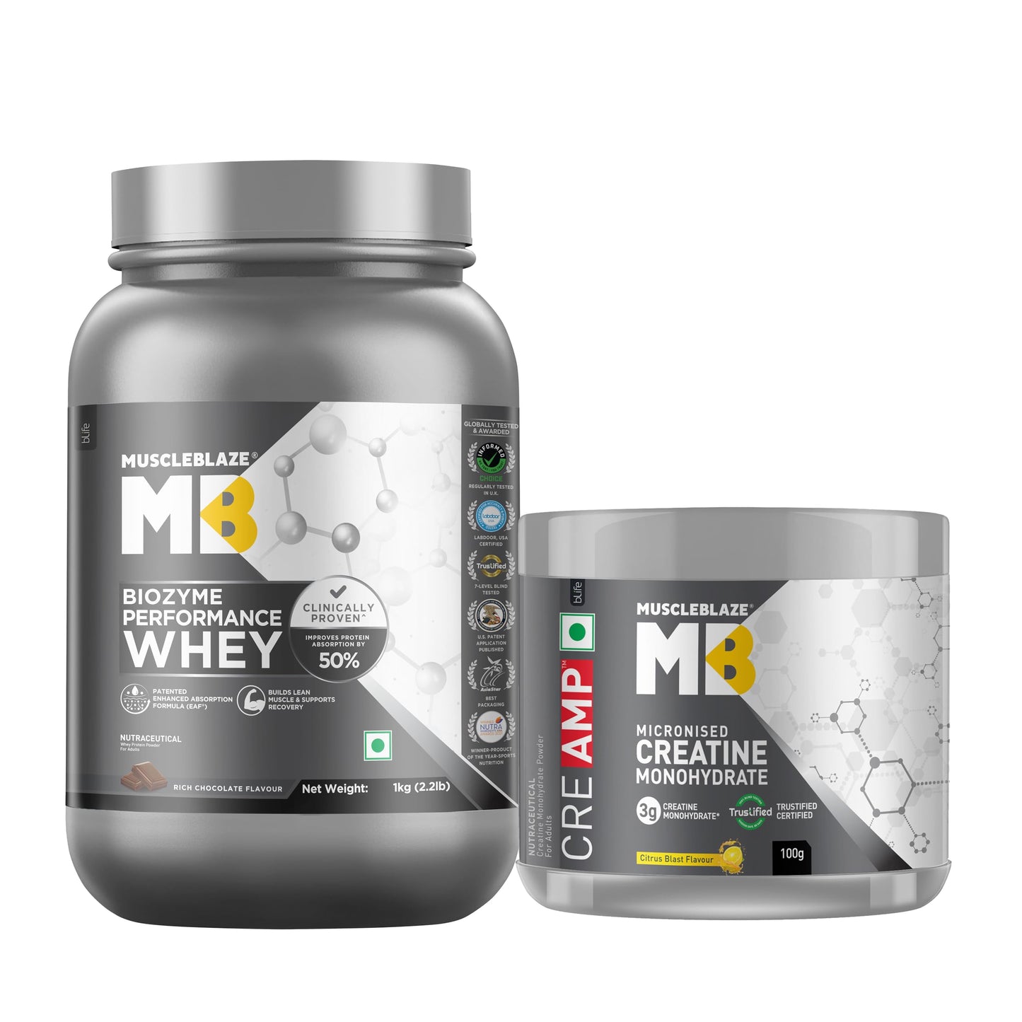 MuscleBlaze Micronised Creatine Monohydrate CreAMP Powder, Unflavoured (32 Servings, 100g) | Trustified Certified Creatine