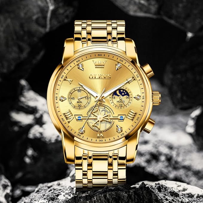 OLEVS Mens Chronograph Watch Gold Silver Stainless Steel Chain Quartz Wrist Watches Business Dress Waterproof Luminous Date Watch