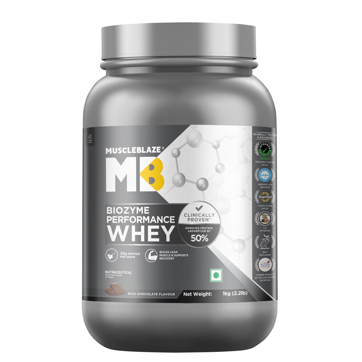 MuscleBlaze Biozyme Performance Whey Protein Powder, 1kg (2.2lbs) | Magical Mango | 25g Protein Per Scoop | Clinically Tested 50% Higher Protein Absorption