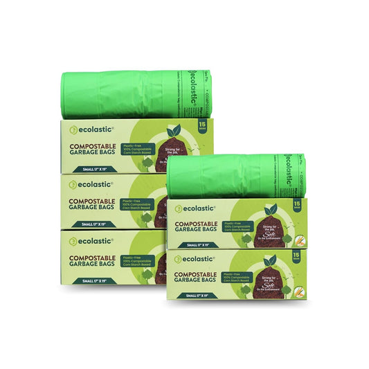 Ecolastic 100% Compostable & Eco-friendly Garbage Bags I SMALL (17 x 19 in.) I 75 bags I Pack of 5 I Capacity 20L I Green Colour