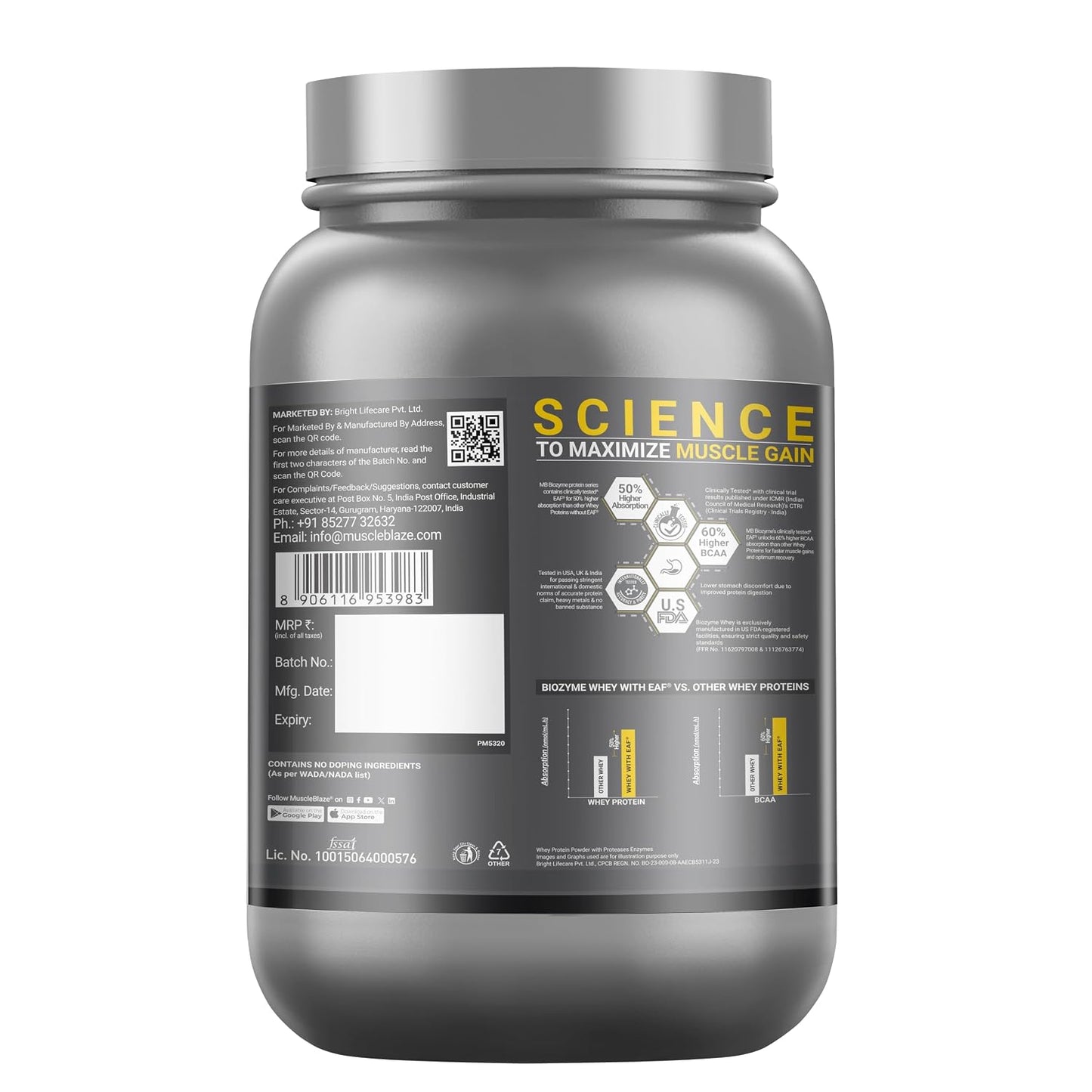 MuscleBlaze Biozyme Performance Whey Protein Powder, 1kg (2.2lbs) | Magical Mango | 25g Protein Per Scoop | Clinically Tested 50% Higher Protein Absorption