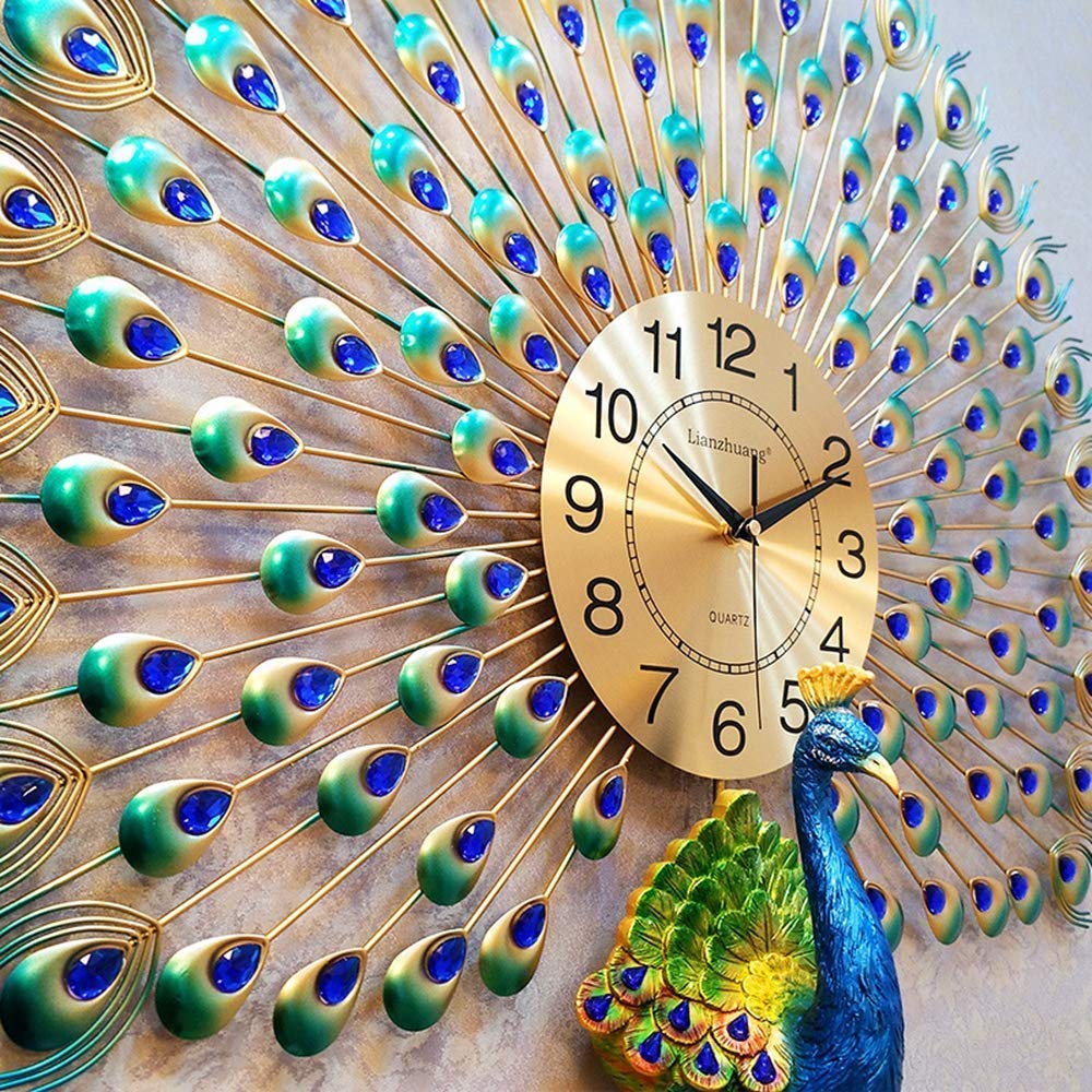 Home Decoration European Wall Clock Crystal Luxury Living Room Creative Personality Art, Metal,Analog Wall Clock (Peacock Wall Clock)