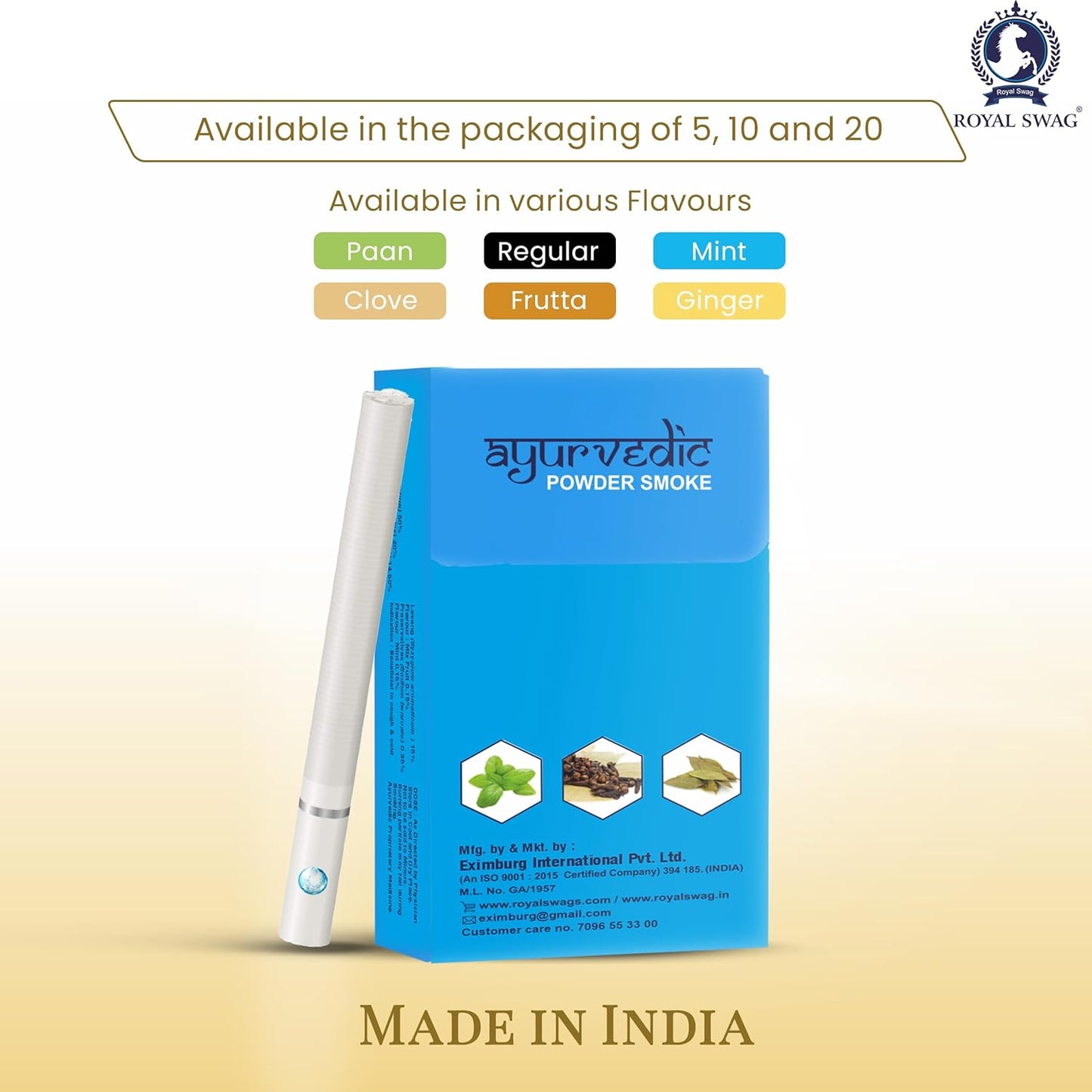 ROYAL SWAG Ayurvedic & Herbal Cigarette, Mint Flavour - (20 Sticks)