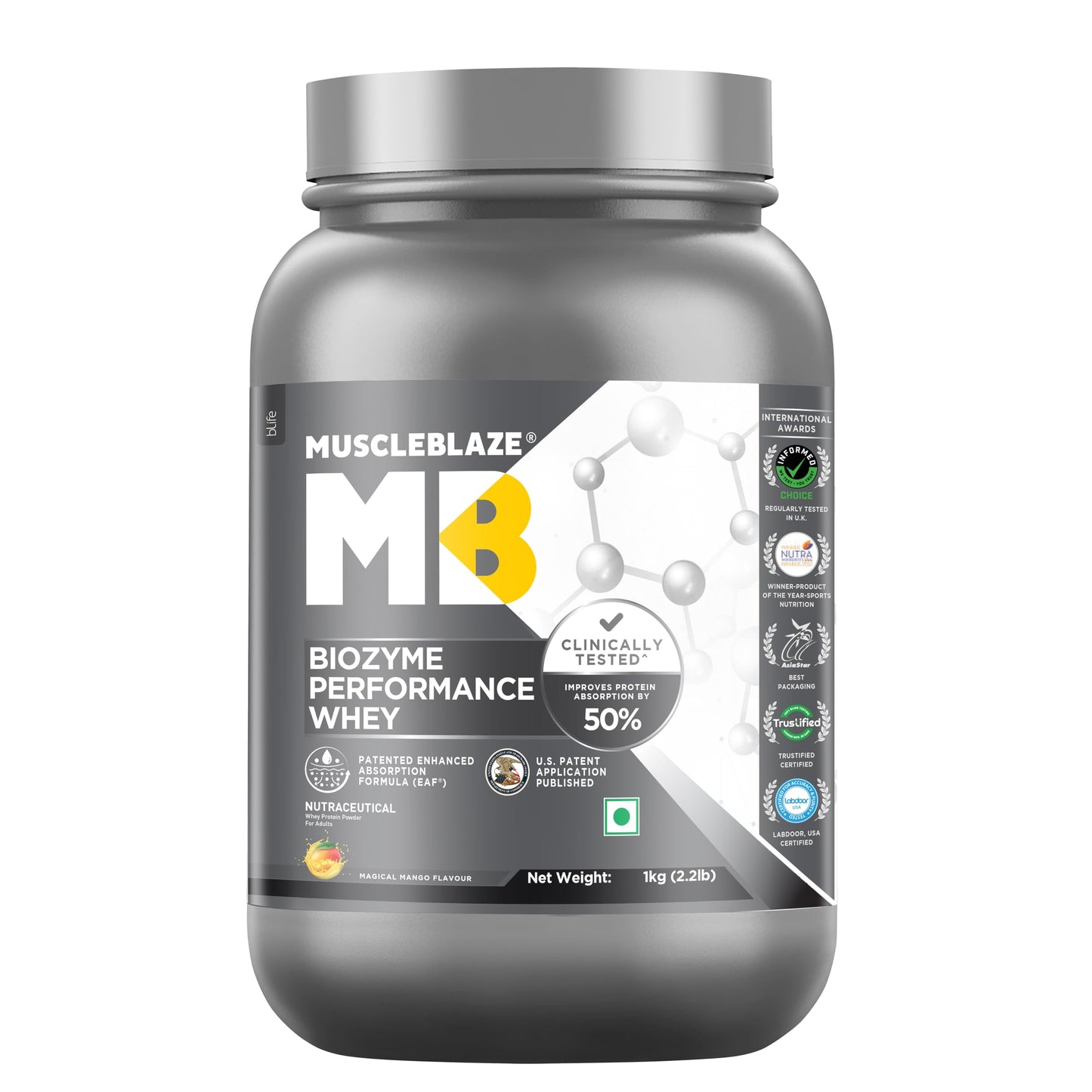 MuscleBlaze Biozyme Performance Whey Protein Powder, Rich Chocolate (1kg / 2.2lbs) | 25g Protein Per Scoop | Clinically Tested 50% Higher Protein Absorption