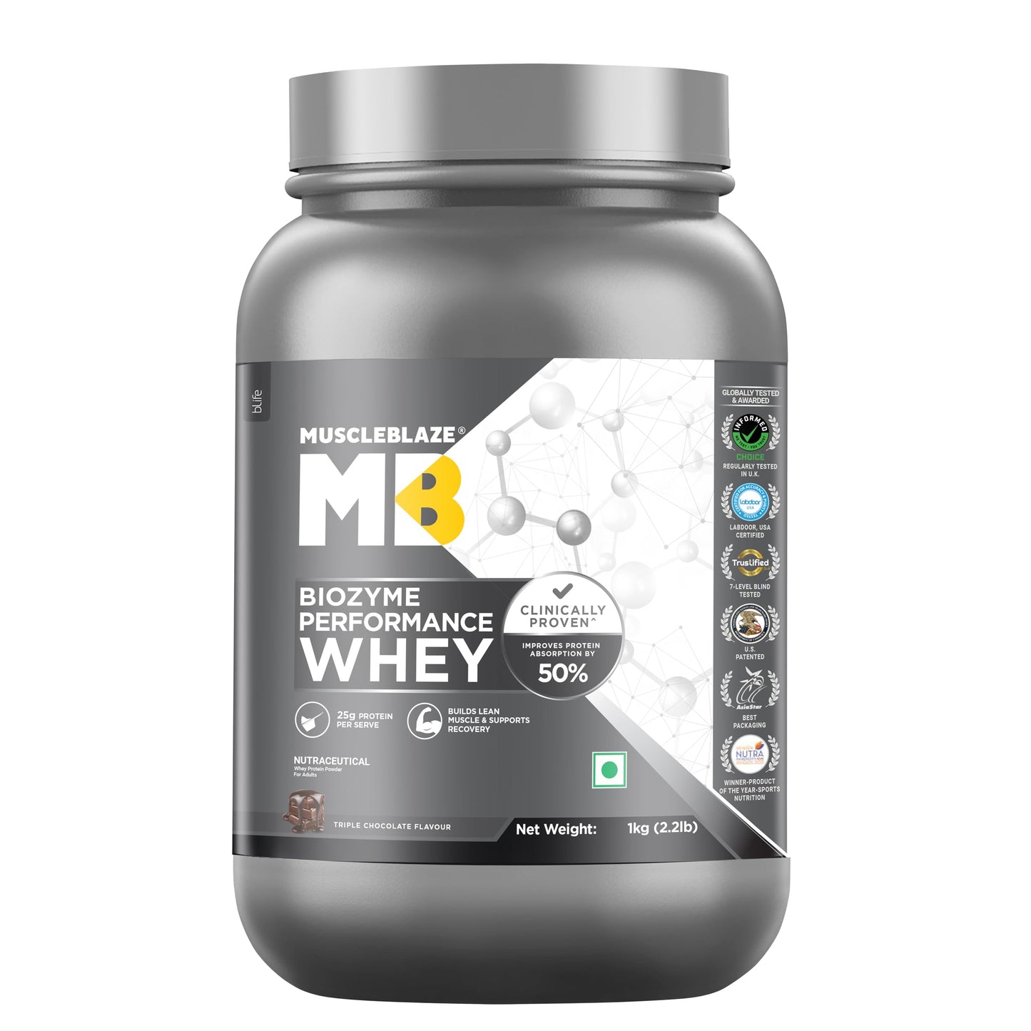 MuscleBlaze Biozyme Performance Whey Protein Powder, 1kg (2.2lbs) | Magical Mango | 25g Protein Per Scoop | Clinically Tested 50% Higher Protein Absorption