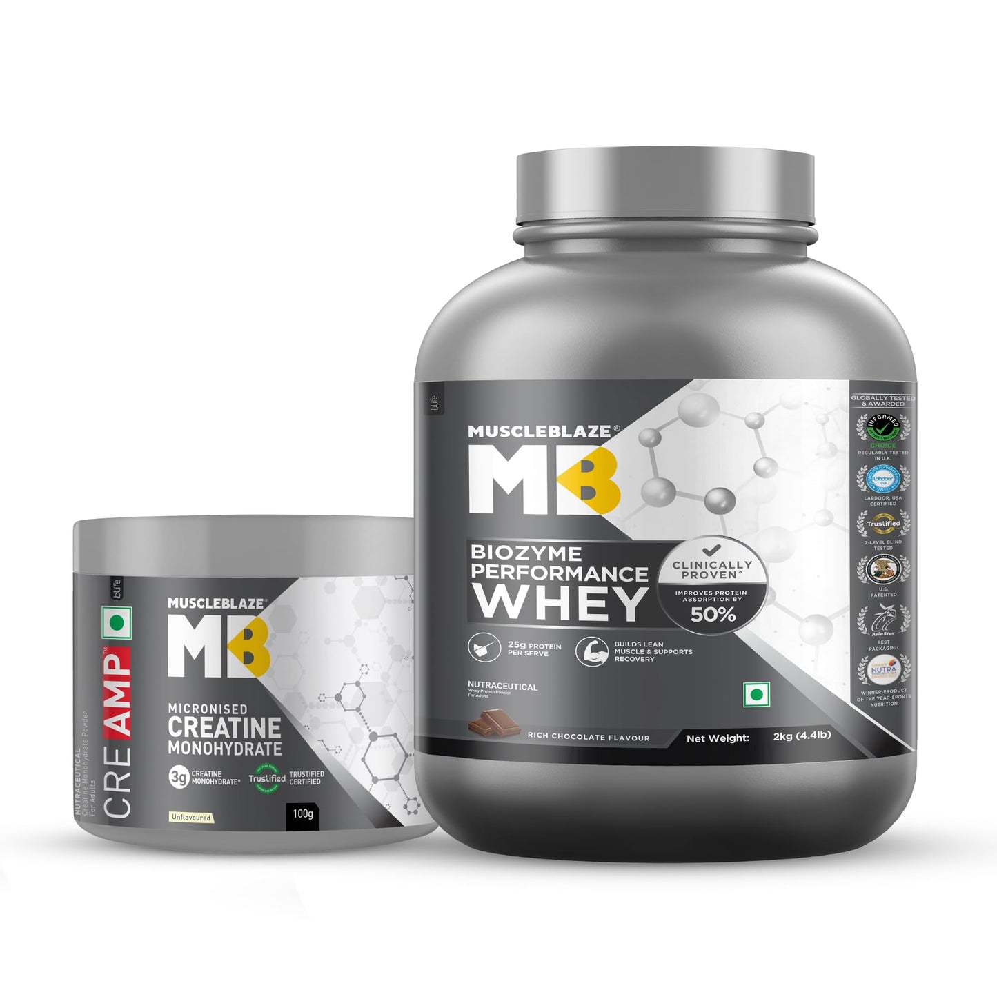 MuscleBlaze Biozyme Performance Whey Protein Powder, 1kg (2.2lbs) | Magical Mango | 25g Protein Per Scoop | Clinically Tested 50% Higher Protein Absorption