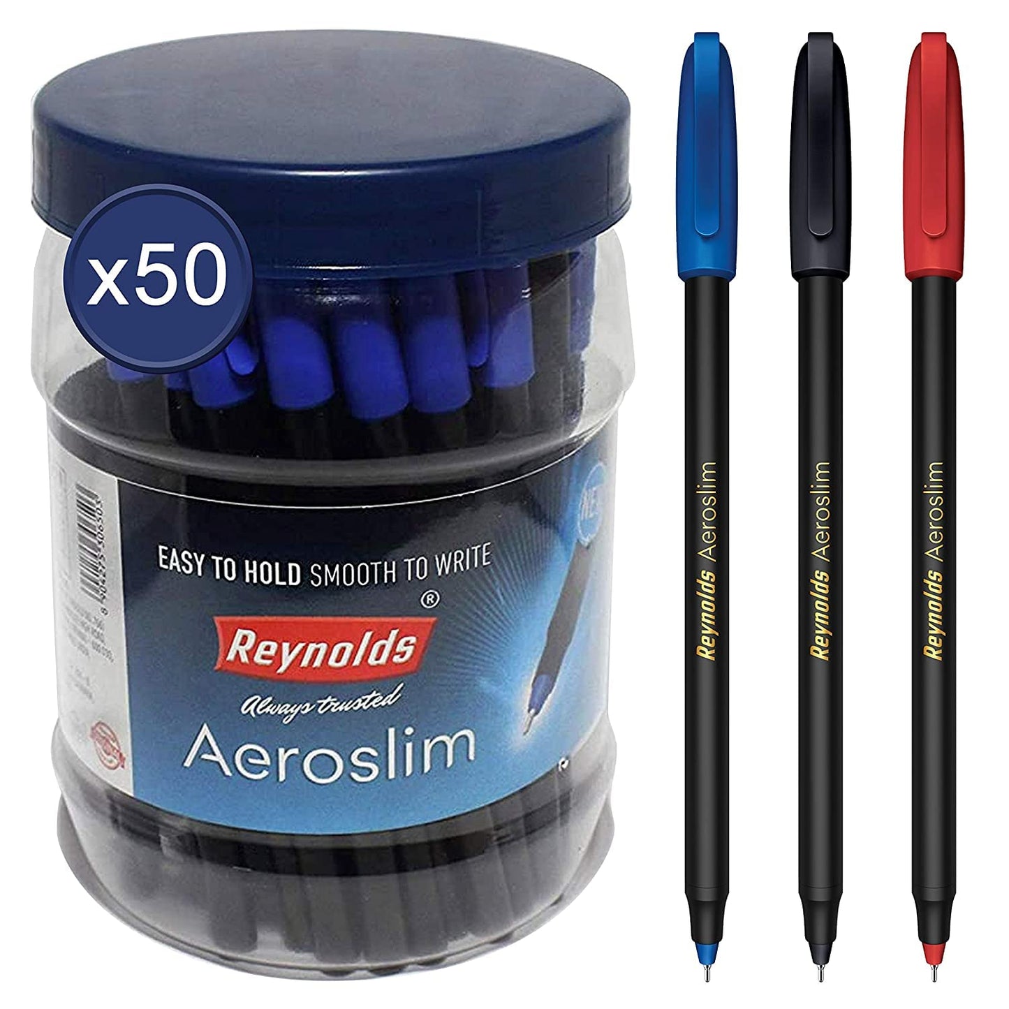 Reynolds AEROSLIM Ball Pen SET - 50 BLUE PENS WITH COMFORTABLE GRIP |BLUE BALL PENS FOR WRITING | PEN FOR STUDENTS & OFFICE STATIONERY | 0.7 mm TIP SIZE - Springkart 