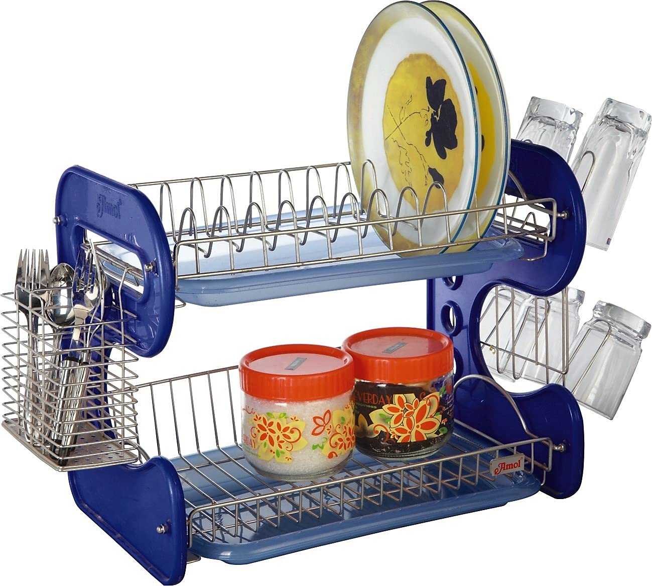STAINLESS STEEL DRAIN BOWL STORAGE RACK HOLDER PLATE DISH CUTLERY CUP RACK WITH TRAY KITCHEN SHELF STAND - Springkart 