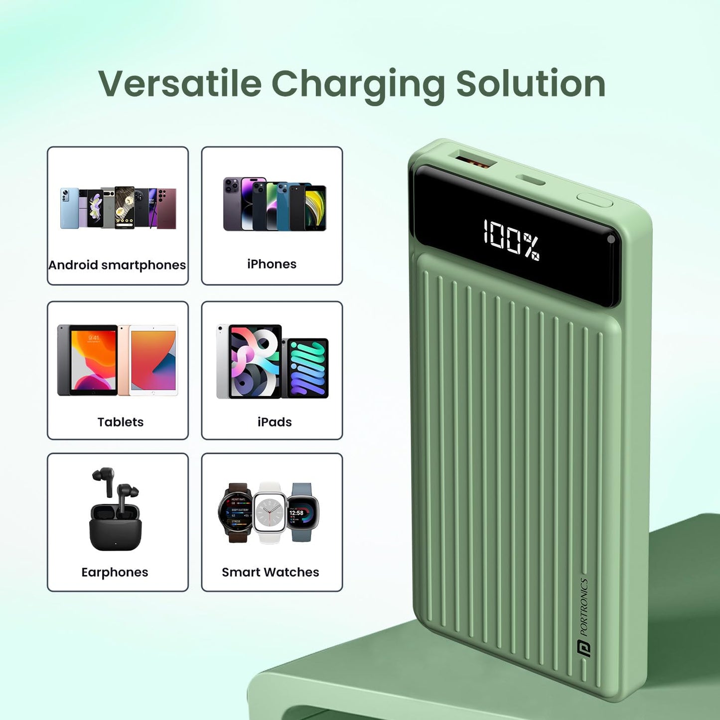 Portronics Luxcell B 10K 10000 mAh 22.5W Fast Charging Power Bank, Ultra Slim Power Bank with Mach USB-A Output, Type C PD Output, Type C Input, Wake Up Button(Green)