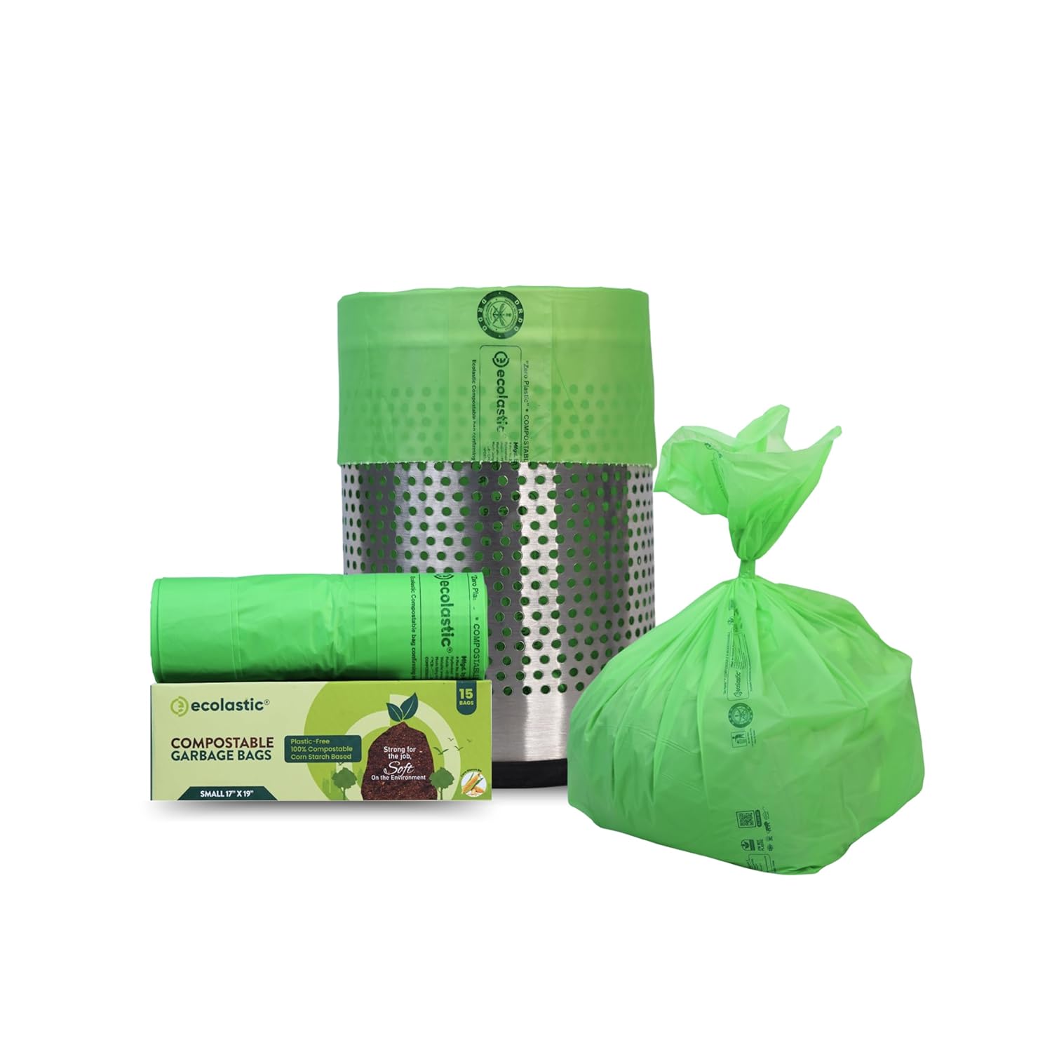 Ecolastic 100% Compostable & Eco-friendly Garbage Bags I SMALL (17 x 19 in.) I 75 bags I Pack of 5 I Capacity 20L I Green Colour