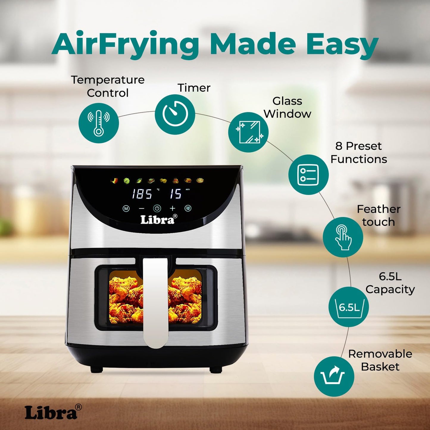 Libra 6.5 Liter Air Fryer Oven – 1740W Stainless Steel Air Fryer with 9-in-1 Digital Functions: Air Fry, Toast, Grill, Bake, Reheat & Keep Warm – Uses 90% Less Oil, Stainless Steel Interior