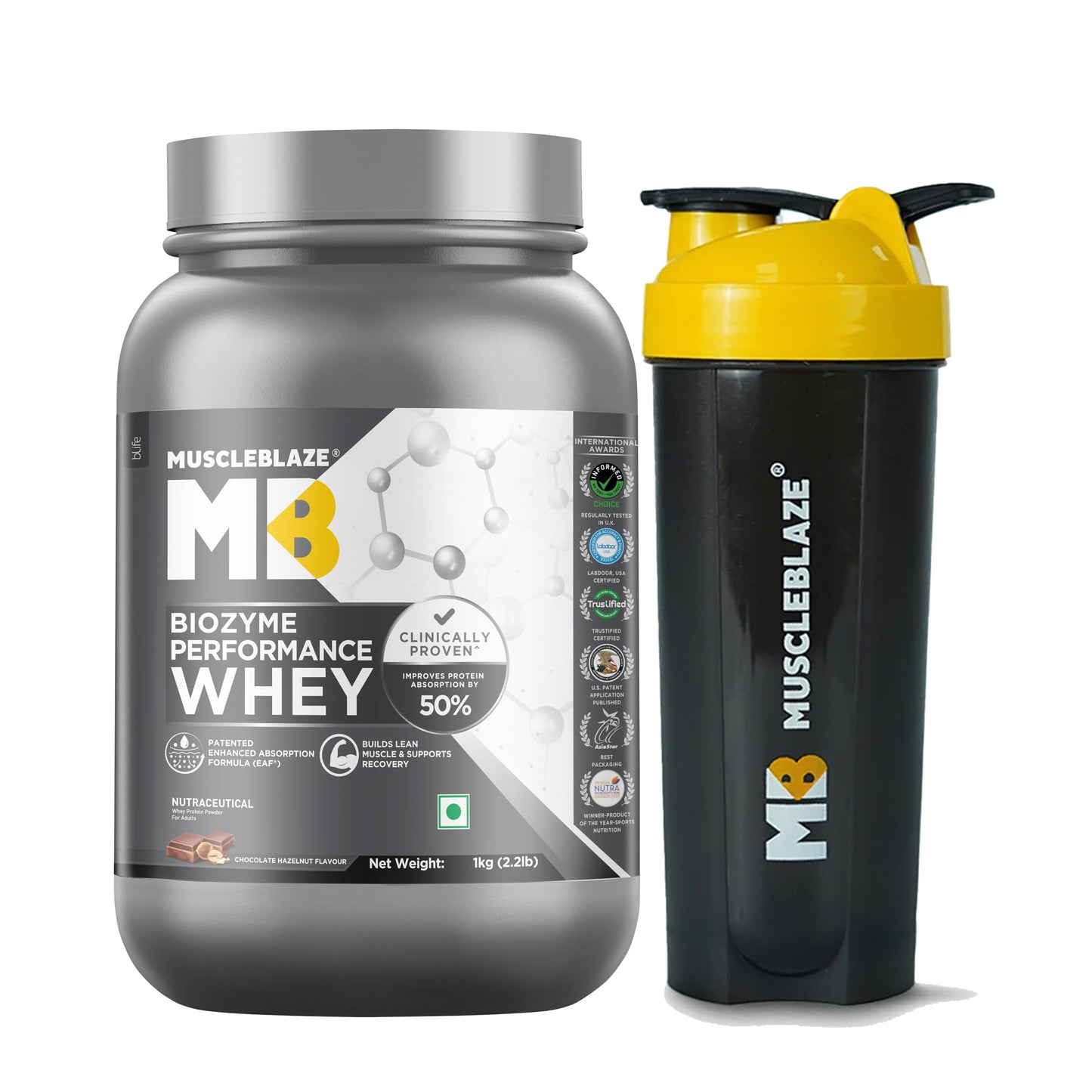 MuscleBlaze Biozyme Performance Whey Protein Powder, Rich Chocolate (1kg / 2.2lbs) | 25g Protein Per Scoop | Clinically Tested 50% Higher Protein Absorption