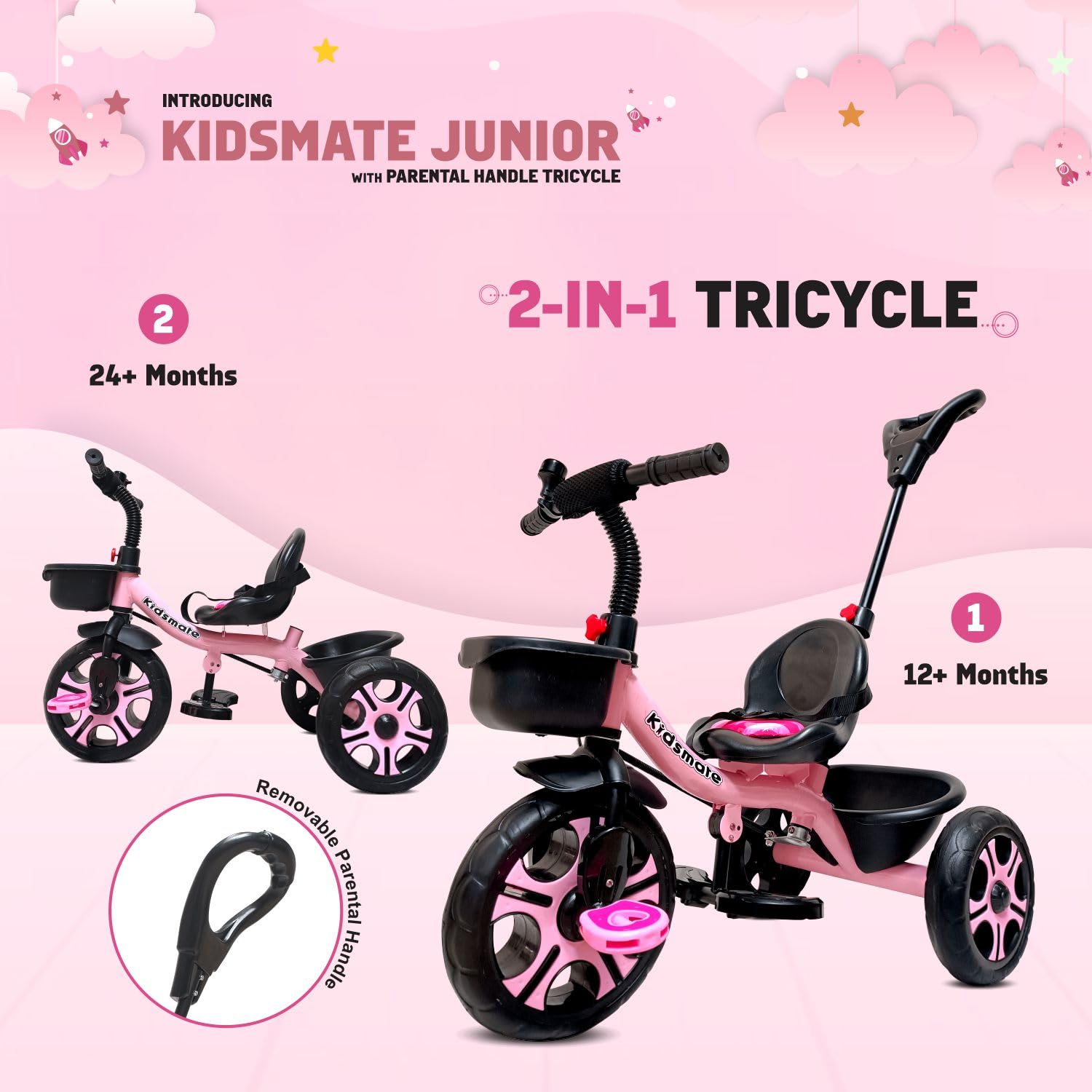 Kidsmate Junior Tricycle for Kids with Parental Control | Cycle for Kids 1-4 Years | Baby Cycle | Bicycle for Kids with Storage Basket, Cushion Seat and Seat Belt Carrying Capacity 30 Kgs (Pink) - Springkart 