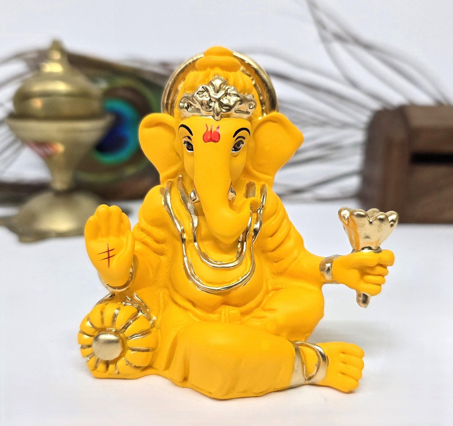 Gold Art India Gold and Silver Plated Matte Finish Ganesh Idol For Car Dashboard Ganesha Murti Ganpati Idol For Home Decor Puja Lord Ganesh Statue Gift For Office Desk Puja Room Figurine, 3 x 3 inches