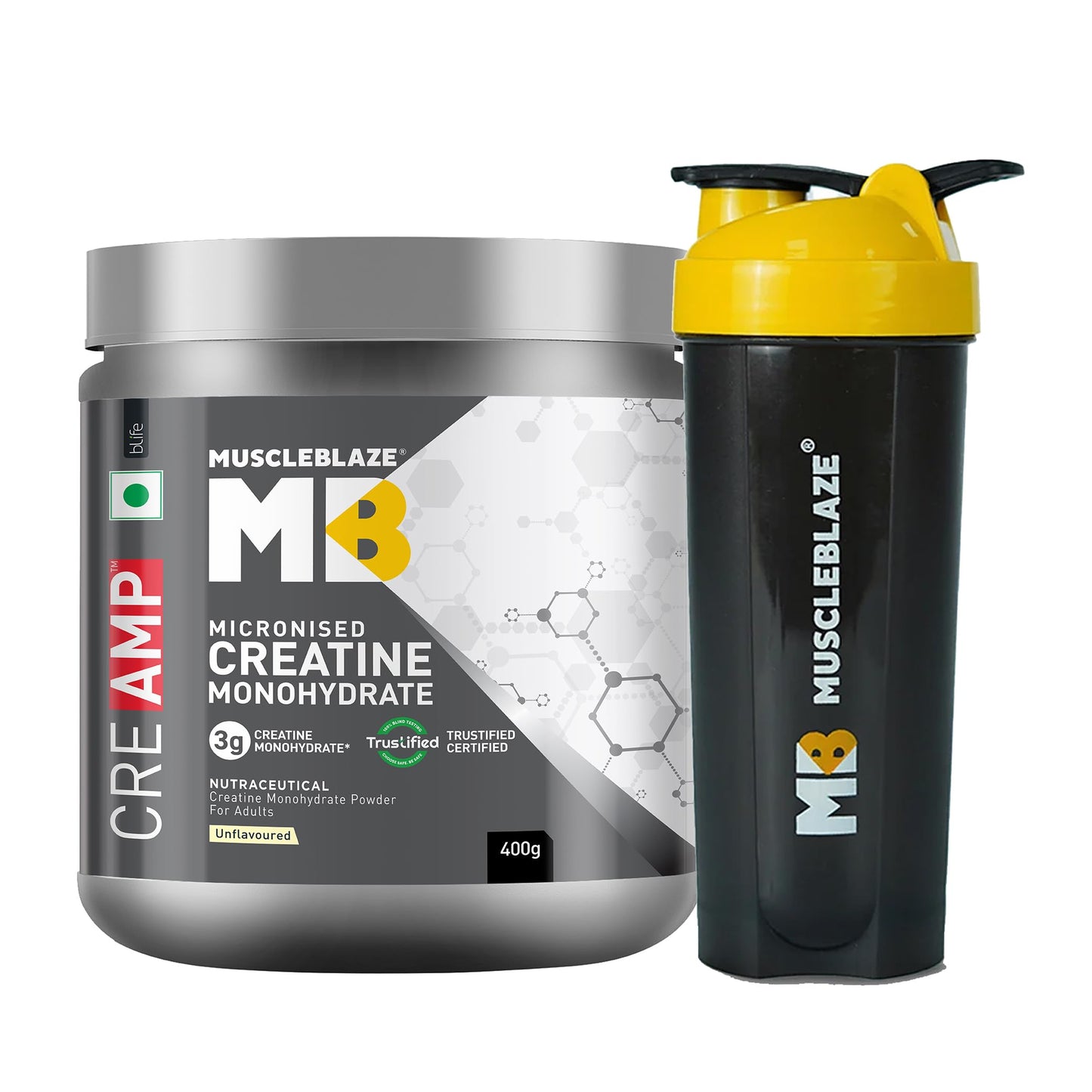 MuscleBlaze Micronised Creatine Monohydrate CreAMP Powder, Unflavoured (32 Servings, 100g) | Trustified Certified Creatine