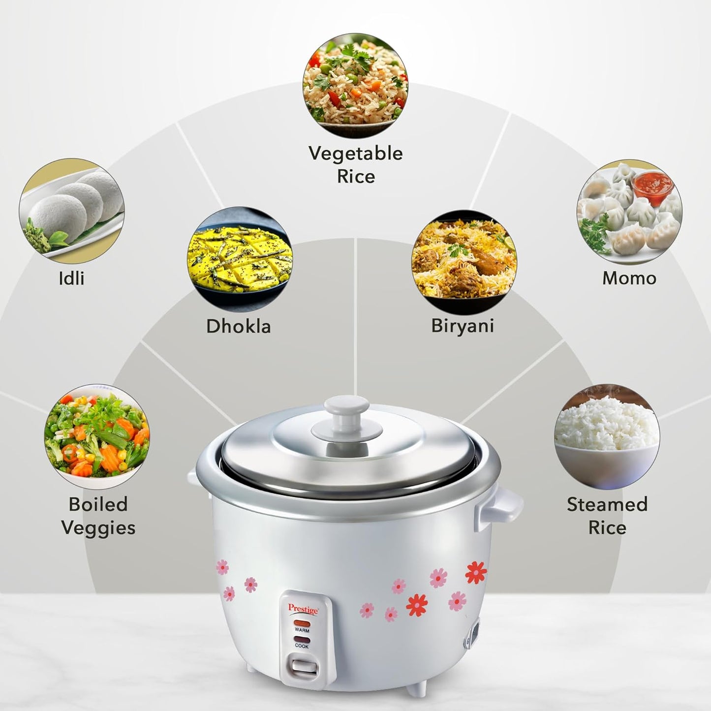 Prestige PRWO 1.8-2 Electric Rice Cooker| 2 Aluminium Cooking Pans | Stainless Steel Lid | Grey/White | Cool Touch Handles | Detachable Power Cord | 700- Watt|1.8 Litres