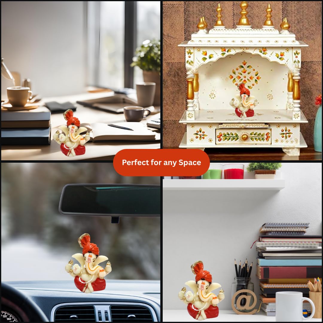 Gold Art India Polyresin Lord Ganesha Idol for Car Dashboard, Home, Office | Ganpati Statue for Mandir Decor | Handcrafted Ganesh Murti (2 x 2.5 inch, Red & Orange)