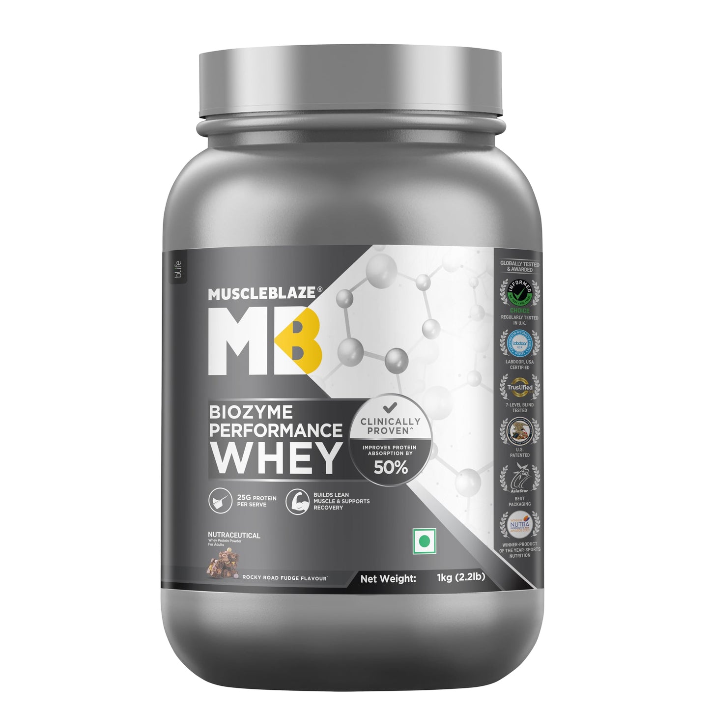 MuscleBlaze Biozyme Performance Whey Protein Powder, 1kg (2.2lbs) | Magical Mango | 25g Protein Per Scoop | Clinically Tested 50% Higher Protein Absorption