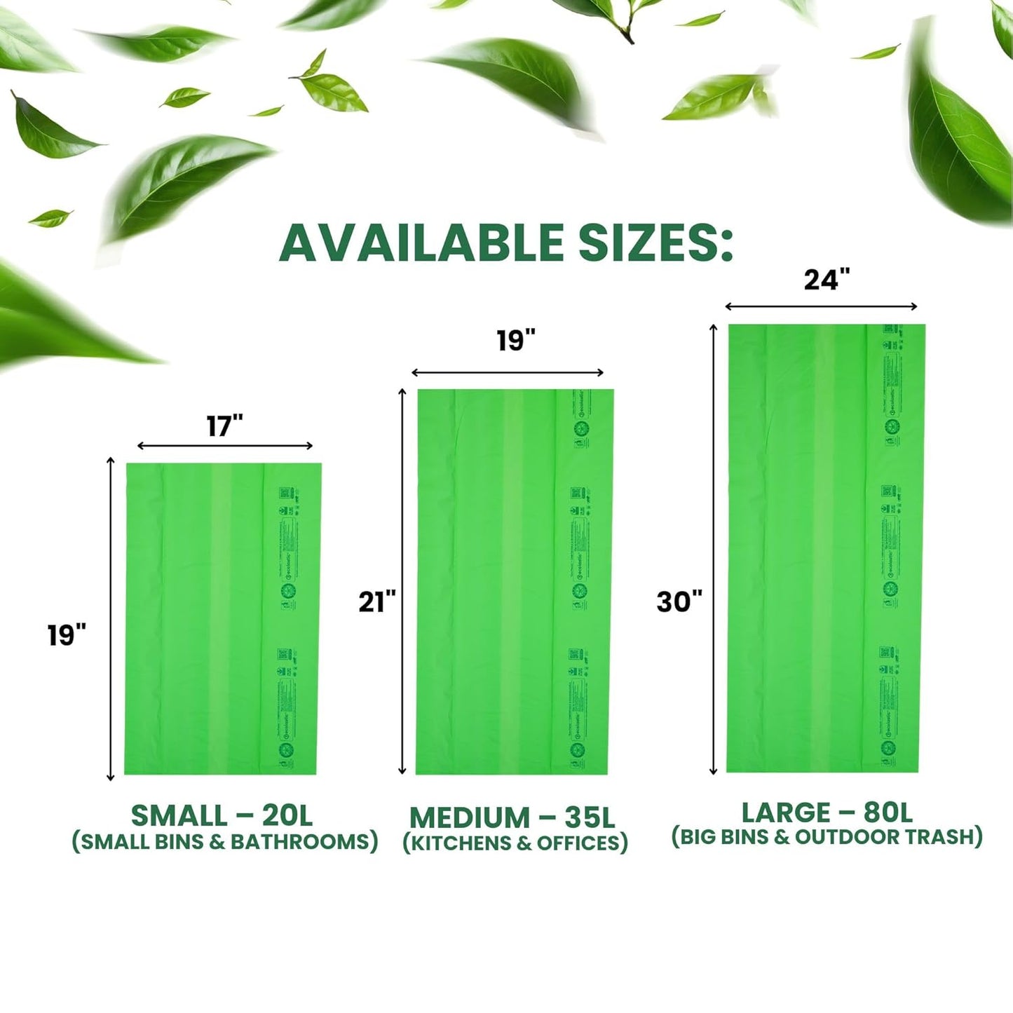 Ecolastic 100% Compostable & Eco-friendly Garbage Bags I SMALL (17 x 19 in.) I 75 bags I Pack of 5 I Capacity 20L I Green Colour