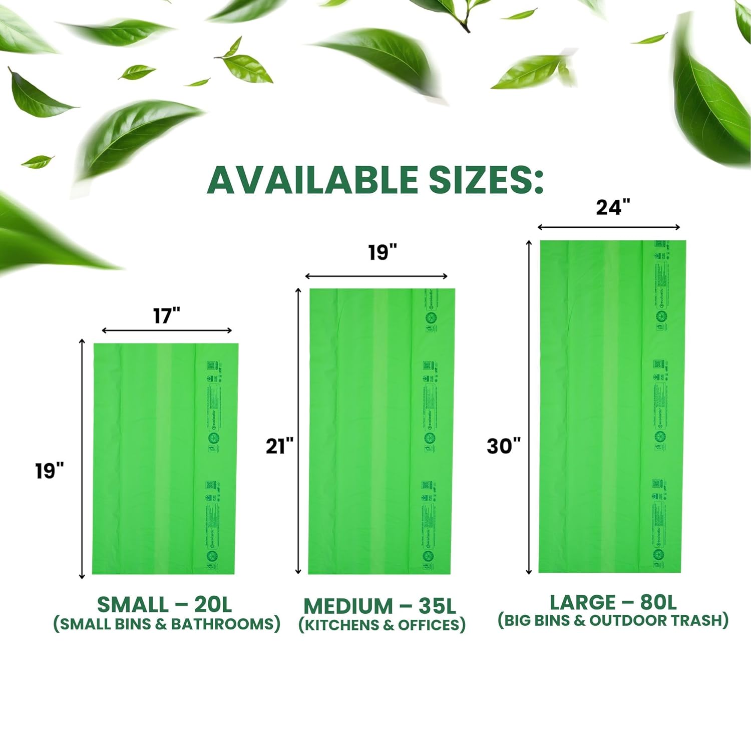 Ecolastic 100% Compostable & Eco-friendly Garbage Bags I SMALL (17 x 19 in.) I 75 bags I Pack of 5 I Capacity 20L I Green Colour
