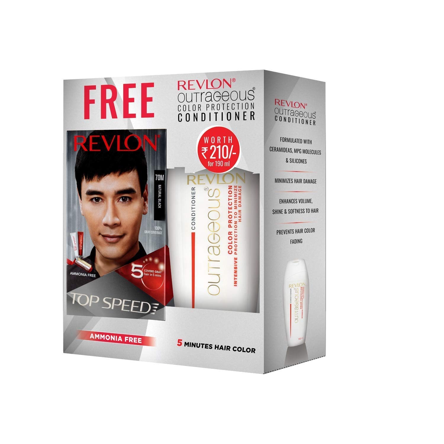Revlon Top Speed Hair Color for Men Natural Black with Outrageous Conditioner 190ml | 100% Grey Coverage in 5 Minutes | Prevent Fading, add Volume, Softness & Shine to Hair