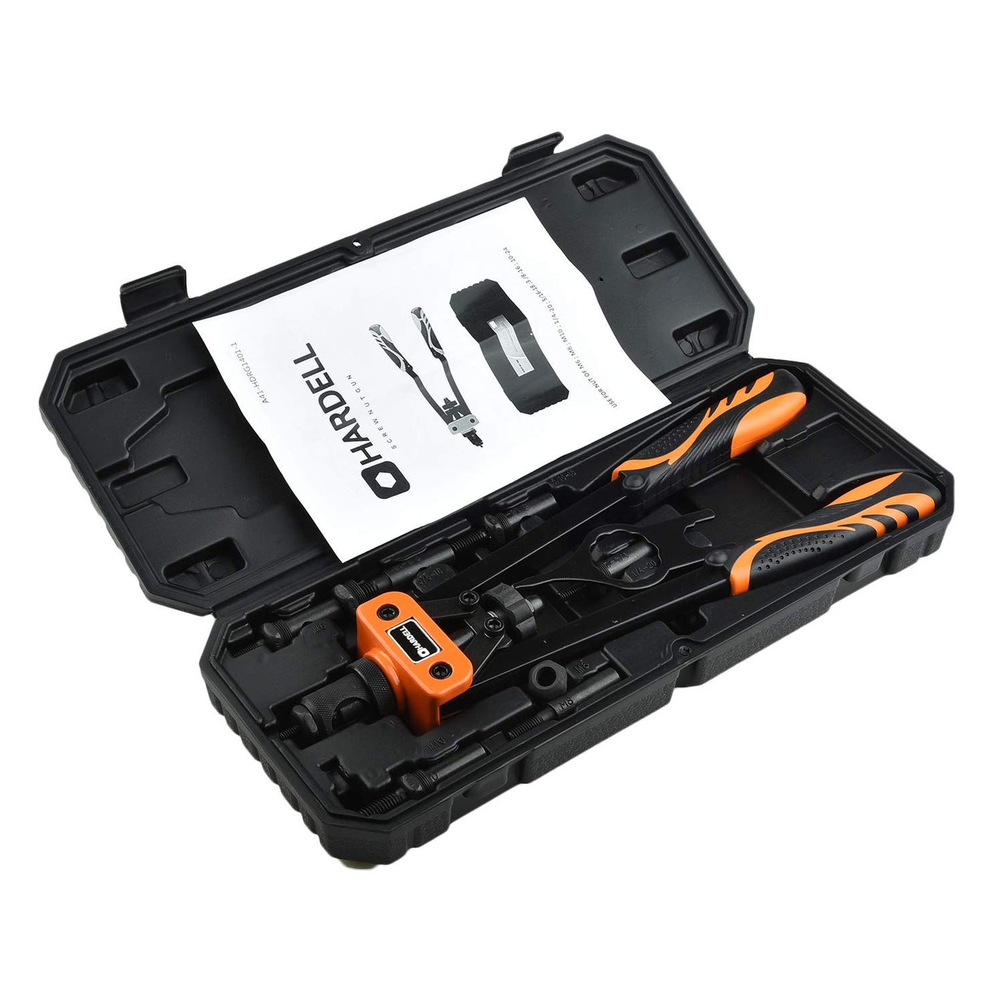 HARDELL Rivet Nuts Tool, 14" Hand Rivet Tool Kits with 100Pcs Rivet Nuts and 7 Metric & Inch Mandrels M6 M8 M10, 1/4-20, 5/16-18, 3/8-16, 10-24 and Rugged Carrying Case - Springkart 