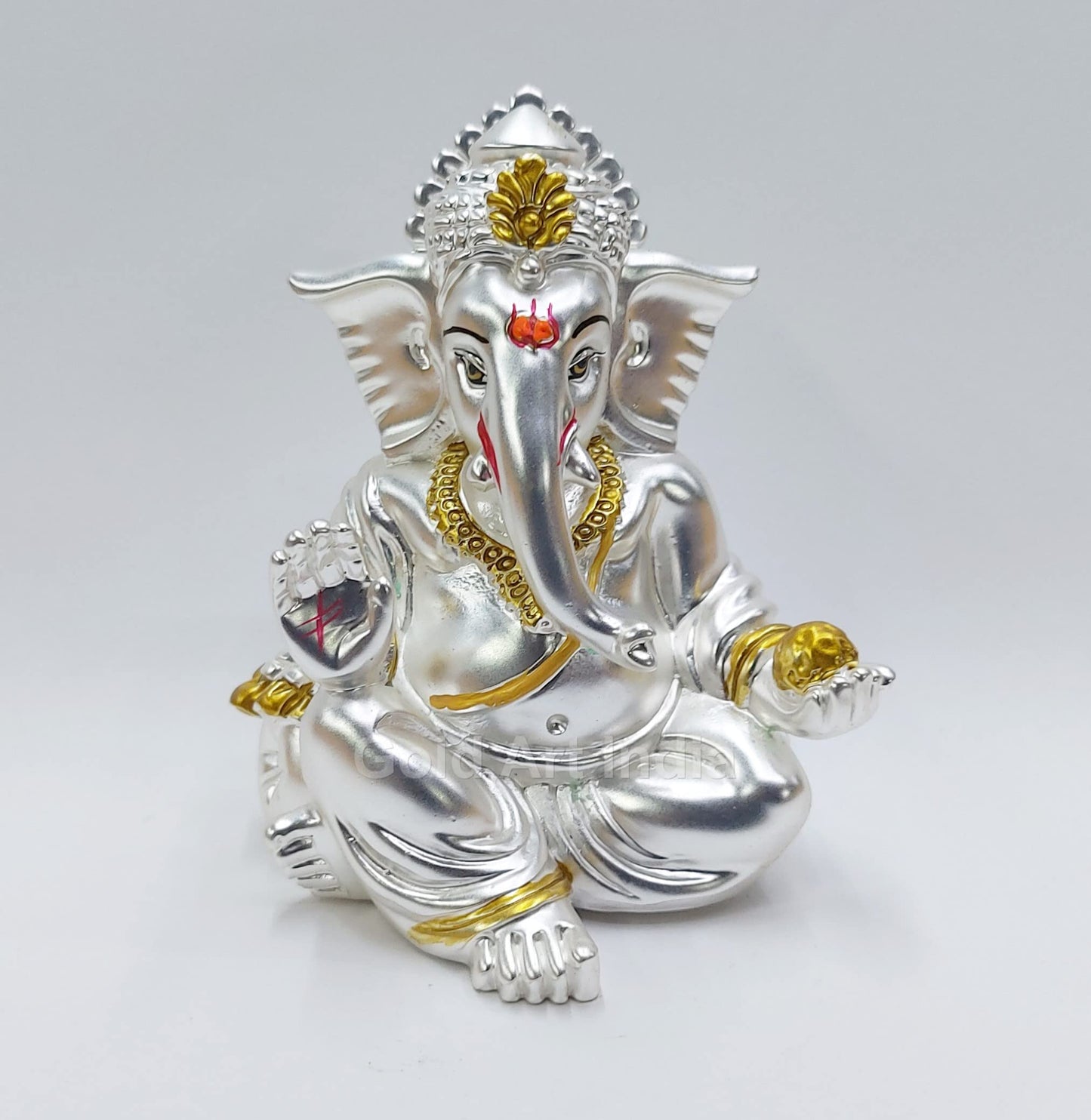 Gold Art India Gold and Silver Plated Matte Finish Ganesh Idol For Car Dashboard Ganesha Murti Ganpati Idol For Home Decor Puja Lord Ganesh Statue Gift For Office Desk Puja Room Figurine, 3 x 3 inches