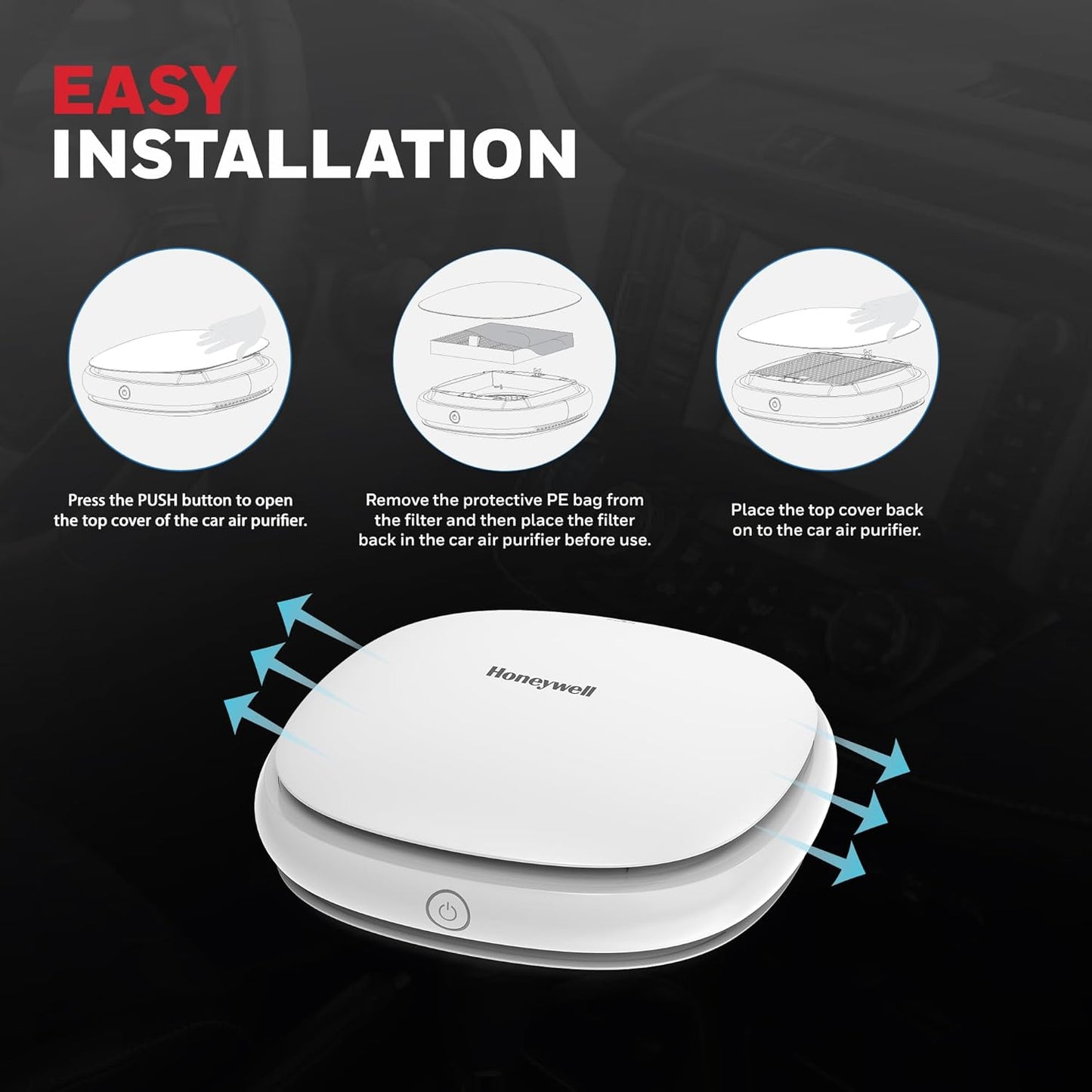 Honeywell Move Pure3 Car Air Purifier, Hepa filter & Formaldehyde which removes 99.9% dust & smoke, CADR upto24 m³/h with 3xUSB ports, 2 Years Manufacturer Warranty