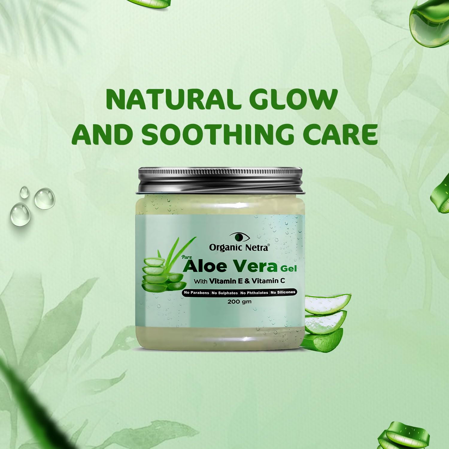 Organic Netra Pure Aloe Vera Gel with Vitamin C & E for Skin, Face and Hair | Helps to Repair and Smoothens Hair | Relax and Renew your Skin and Scalp |Paraben Free & Sulphate Free - 200 Gm - Springkart 