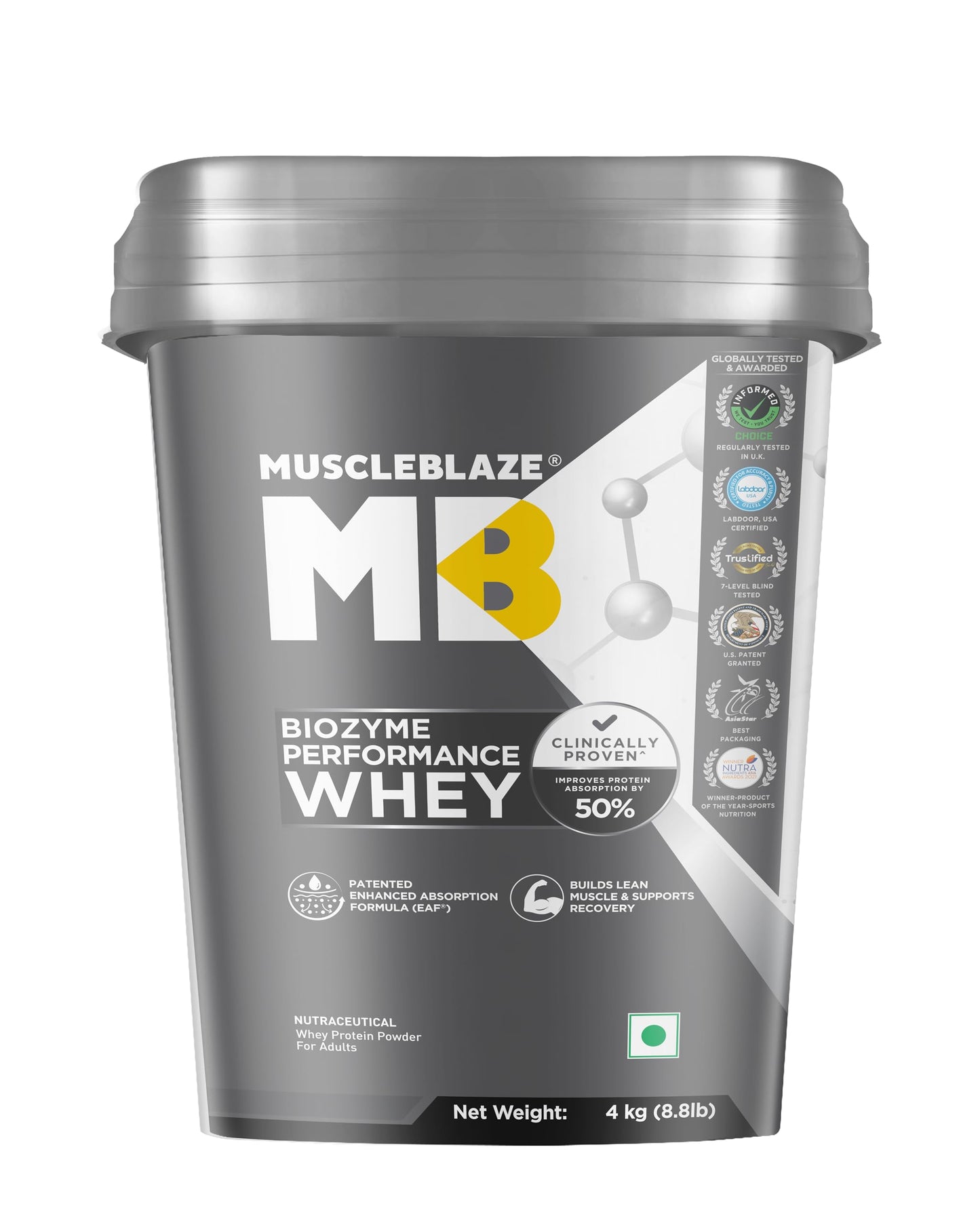 MuscleBlaze Biozyme Performance Whey Protein Powder, 1kg (2.2lbs) | Magical Mango | 25g Protein Per Scoop | Clinically Tested 50% Higher Protein Absorption