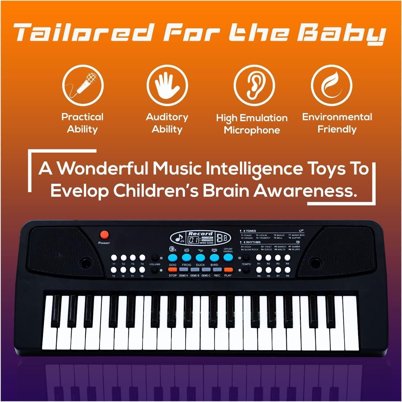 Kids Piano Keyboard with Mic (1 Year Warranty) 37 Keys 8 Rhythms 8 Tones 6 Demos Portable Electronic Keyboard Toy Beginners Educational Songs Recording Musical Toys 2 3 4 5 Years Boys Girls