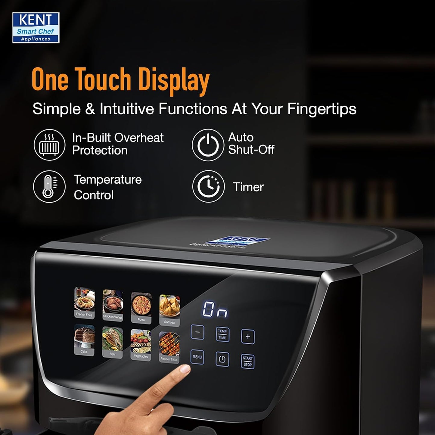 KENT Ultra Digital Air Fryer 5L | 1500W | Bake, Grill & Roast | Up to 80% Less Oil Usage |8 Preset Menu|Rapid Heat Circulation |Digital Display & Touch Control Panel |Glass Window with in built Light