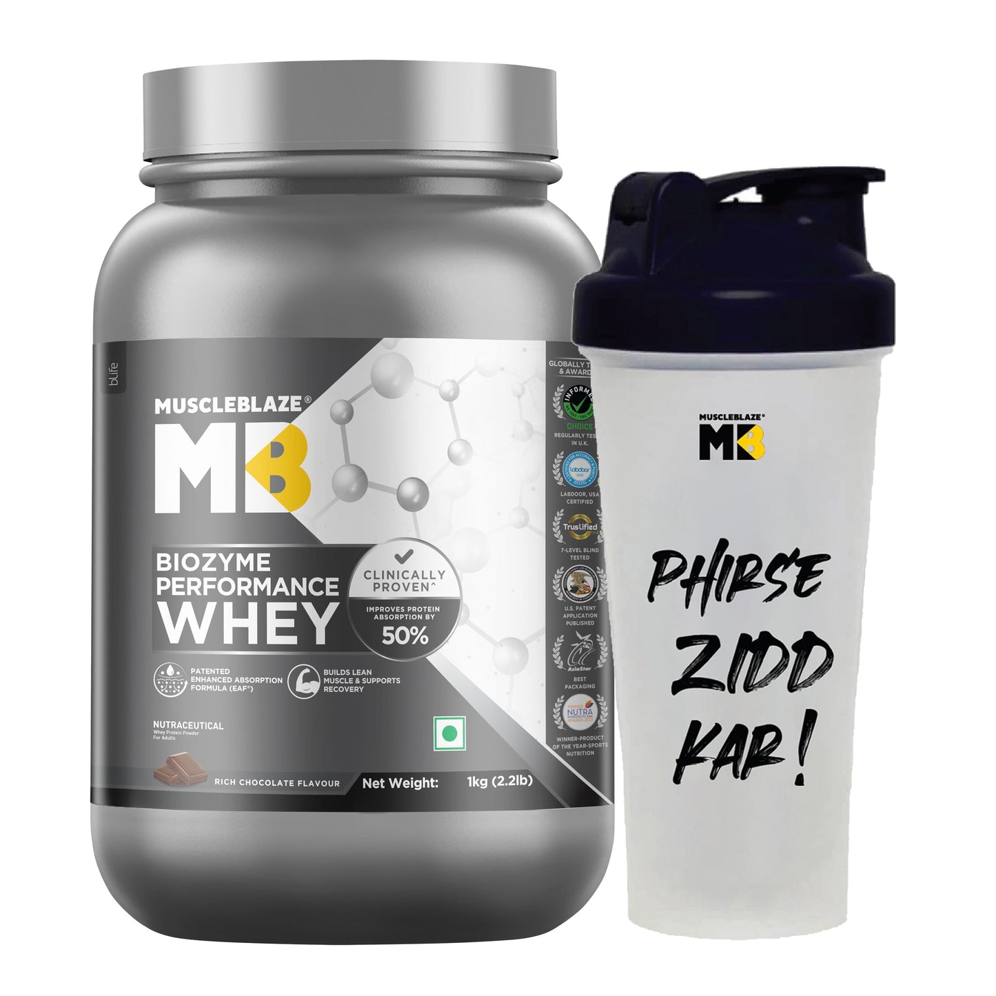 MuscleBlaze Biozyme Performance Whey Protein Powder, Rich Chocolate (1kg / 2.2lbs) | 25g Protein Per Scoop | Clinically Tested 50% Higher Protein Absorption