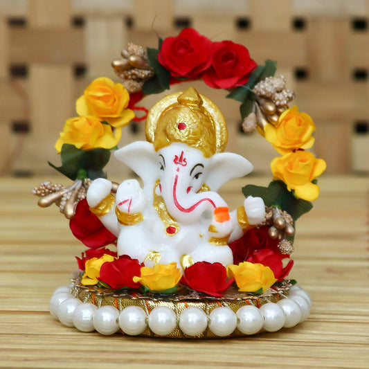 eCraftIndia Resin Lord Ganesha Idol On Decorative Rose Flower Plate| Ganesha Idol for Home Decor Car Dashboard| Ganesha Statue| Ganesh Murti| Ganpati Murti God Statue Gift for Diwali Housewarming