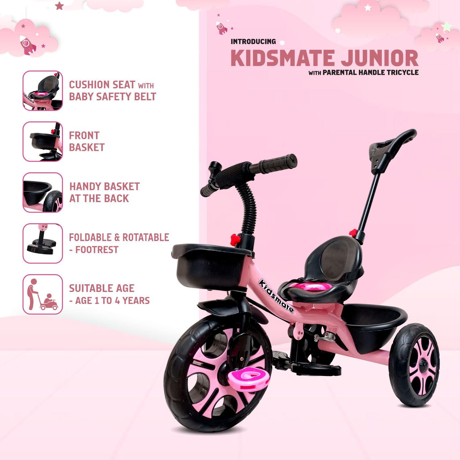 Kidsmate Junior Tricycle for Kids with Parental Control | Cycle for Kids 1-4 Years | Baby Cycle | Bicycle for Kids with Storage Basket, Cushion Seat and Seat Belt Carrying Capacity 30 Kgs (Pink) - Springkart 
