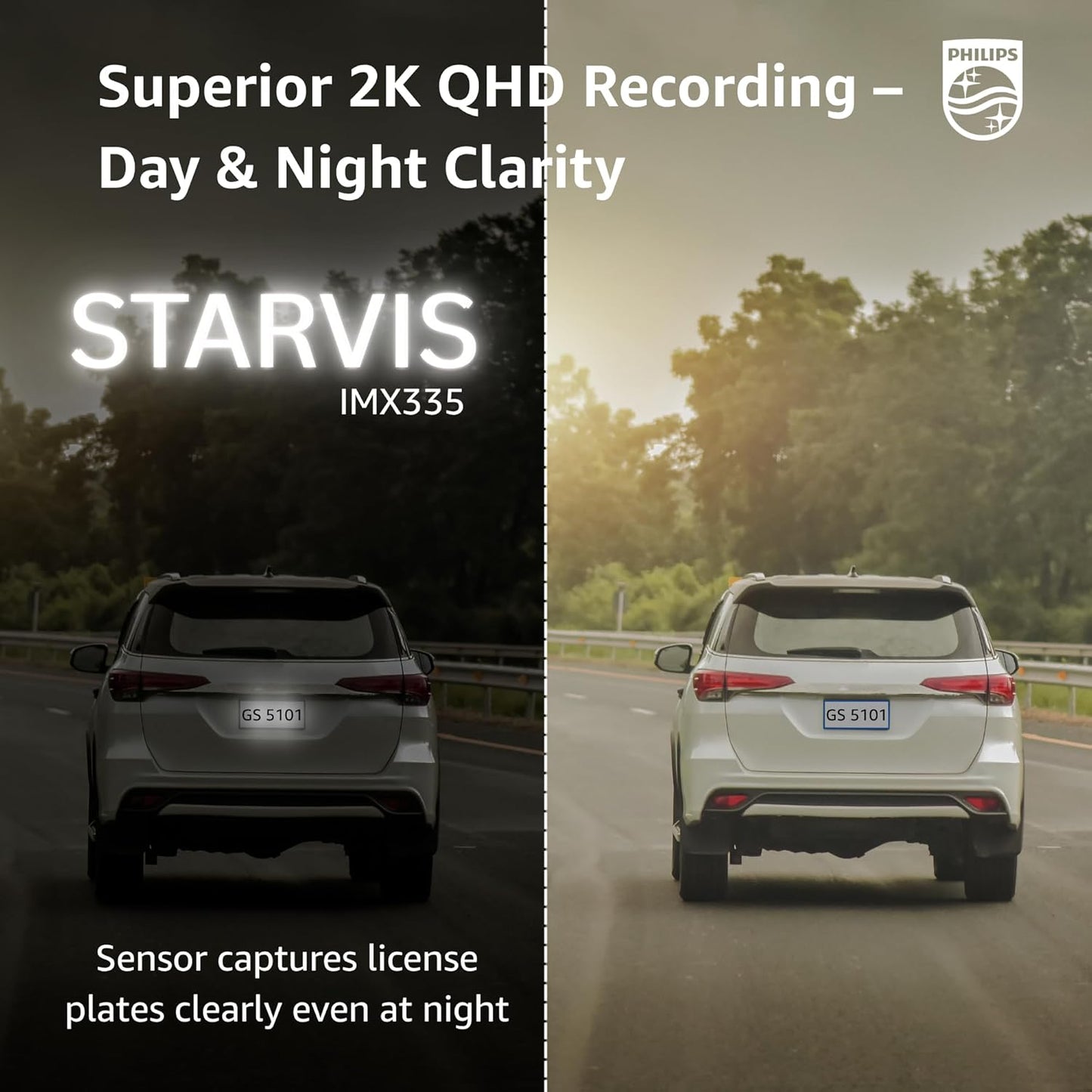 Philips GoSure 5101 Dash Cam for Car | 2K QHD 1600p Sony STARVIS IMX335 | 135° Wide Angle | Night Vision | G-Sensor | Loop Recording | Wi-Fi App | Car Camera Recorder