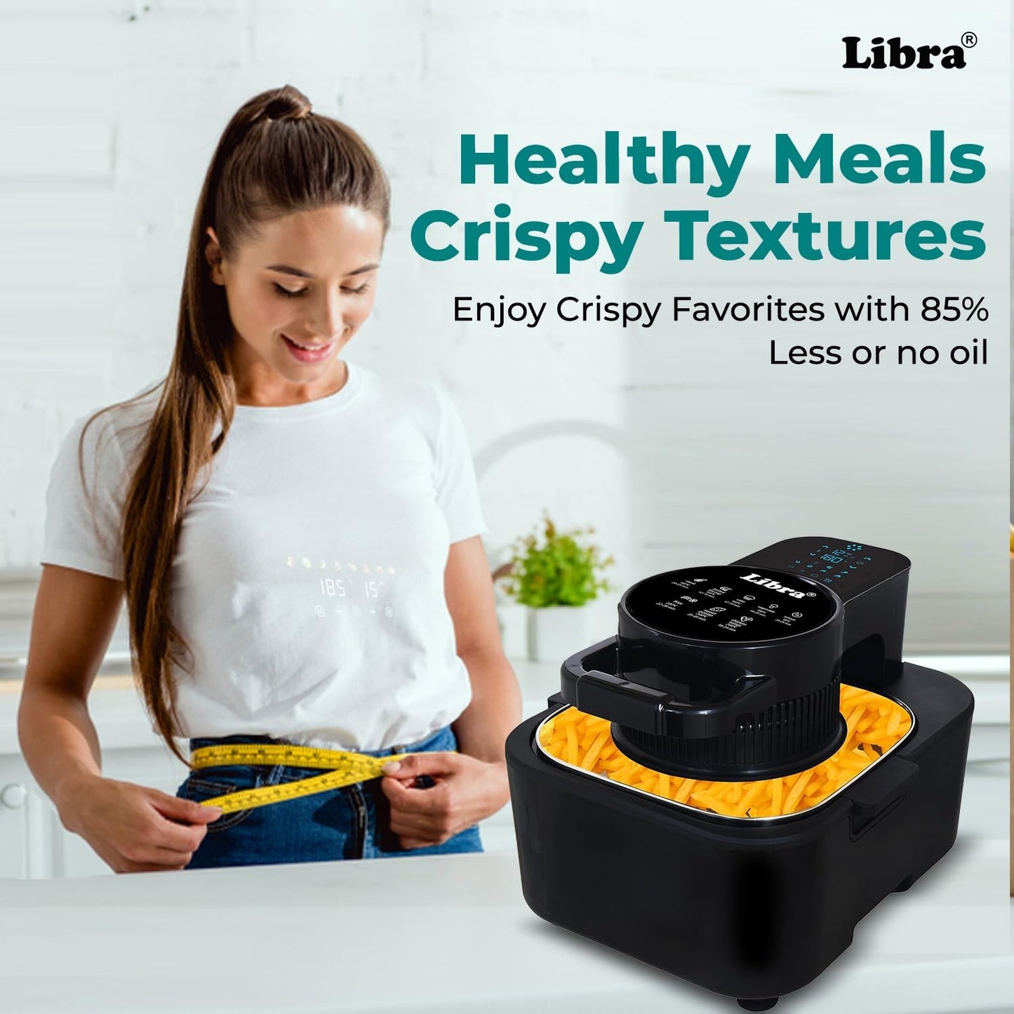 Libra 8 Litre Digital Air Fryer for Home | 1740 Watts Powerful Air Fryer | 9-in-1 Function: Air Fry, Toast, Grill, Bake, Reheat & Keep Warm | Fast & Even Cooking | Feather Touch LED Display Black