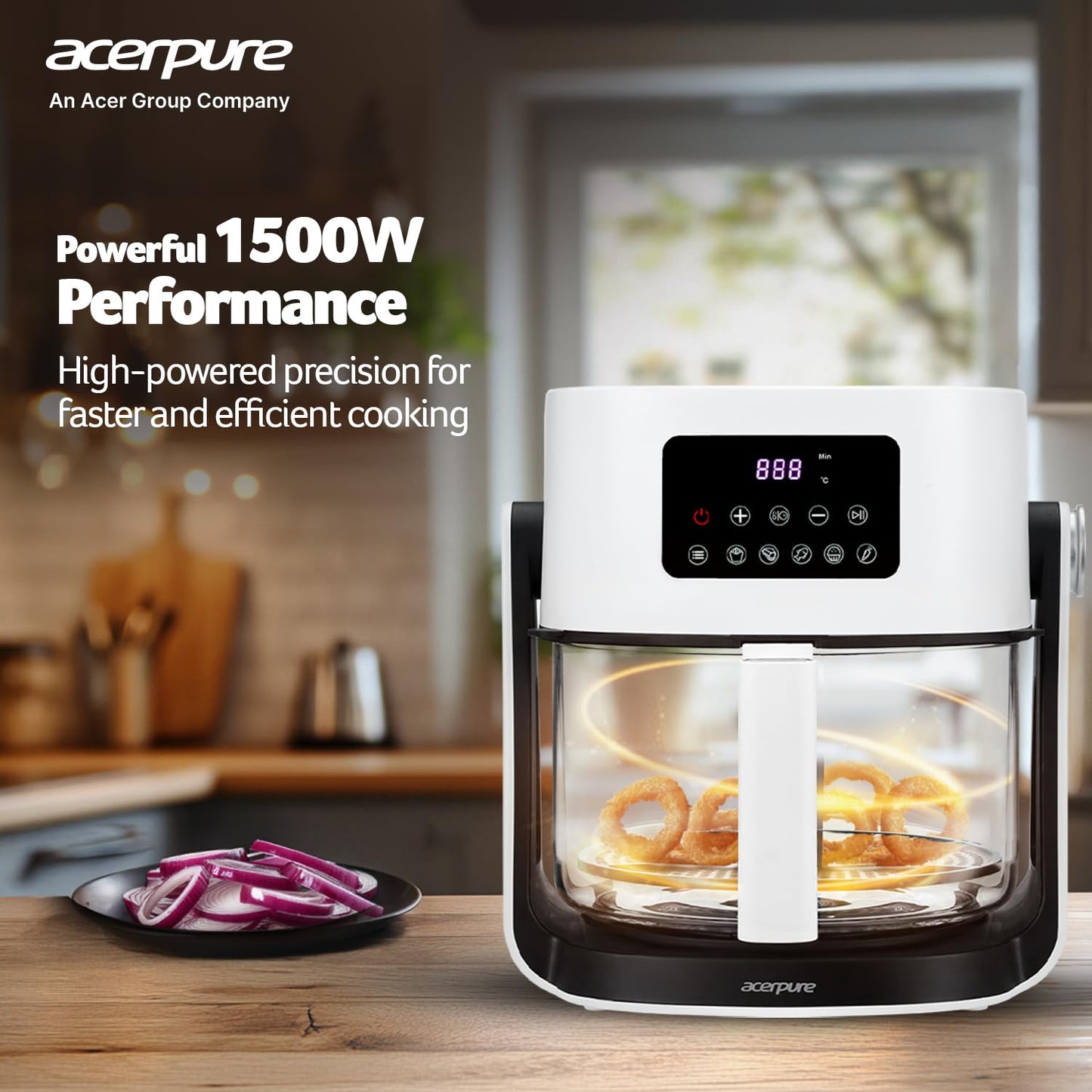Acerpure Air Fryer | 100% Glass Bowl | 90% Less Oil | 5.5L Air Fryer + 2.5L Cooking Pot | Air Fry, Toast, Reheat, Grill, Cook | 360° TurboHeat Technology | Preset Modes | 1500 Watts | White