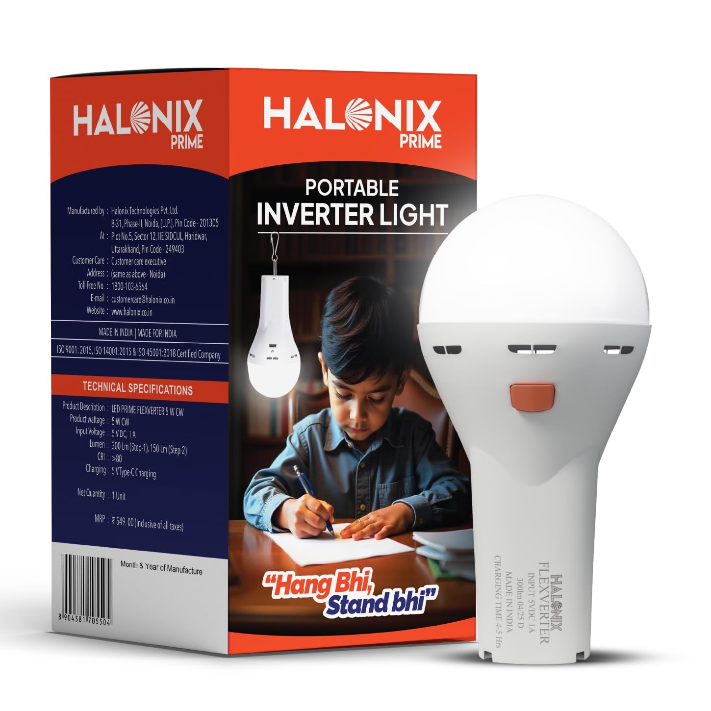 Halonix 5W Portable Emergency Inverter Bulb | Rechargeable LED Light for Power Cuts & Camping | Type-C USB Charging | Up to 4 Hours Backup | Hanging Clip Included | Cool Day Light | Pack of 1