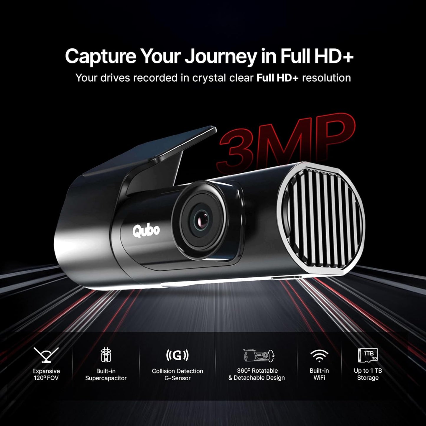 Qubo Car Dashcam Pro X by Hero Group | 3MP 1296P FHD+ Camera | NightPulse Vision | Wide-Angle FOV | Supercapacitor | Built-in Wi-Fi, Mic | App Control | G-Sensor | Up to 1TB Storage| (Space Grey)