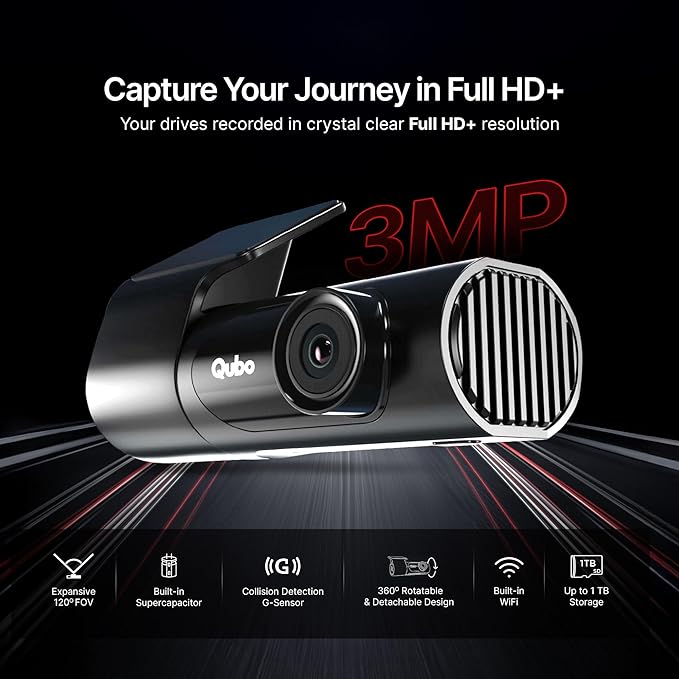 Qubo Car Dashcam Pro X by Hero Group | 3MP 1296P FHD+ Camera | NightPulse Vision | Wide-Angle FOV | Supercapacitor | Built-in Wi-Fi, Mic | App Control | G-Sensor | Up to 1TB Storage| (Space Grey)