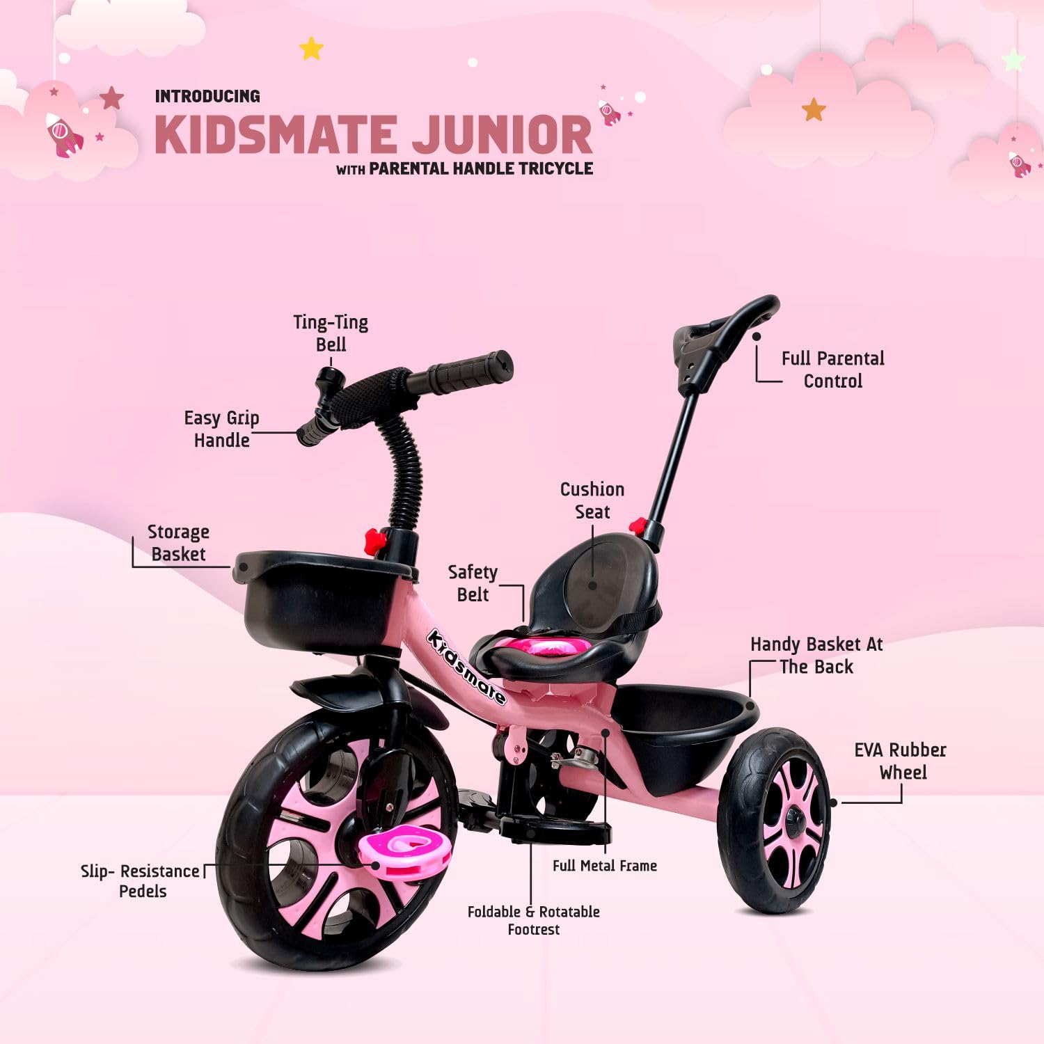 Kidsmate Junior Tricycle for Kids with Parental Control | Cycle for Kids 1-4 Years | Baby Cycle | Bicycle for Kids with Storage Basket, Cushion Seat and Seat Belt Carrying Capacity 30 Kgs (Pink) - Springkart 
