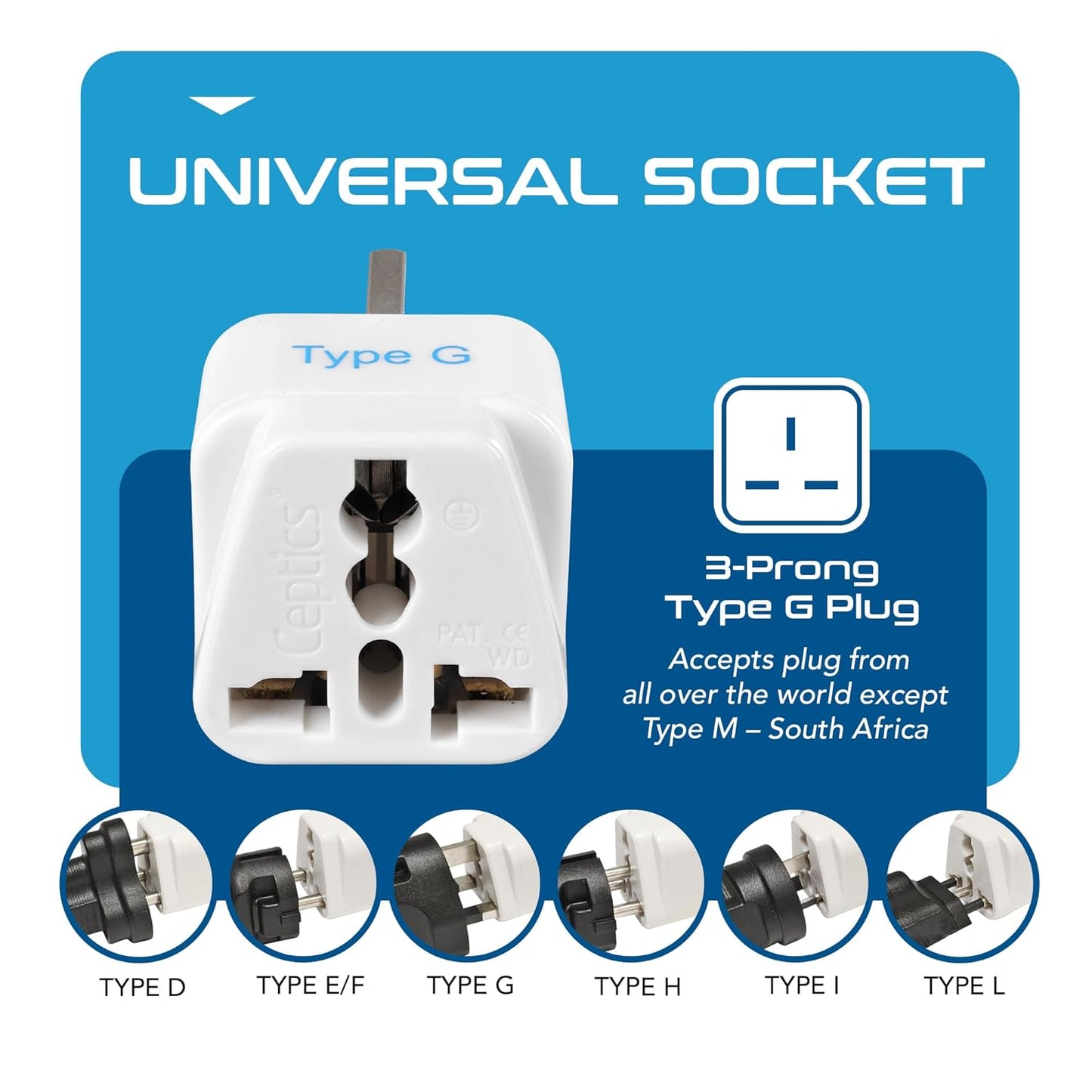 Ceptics UK Adapter for Indian Pins, India to UAE, Hong Kong, Dubai, UK Plug - Type G - Perfect for Laptop, Camera, Chargers - CE - RoHS - 3 Pack -White- Lifetime Limited Warranty