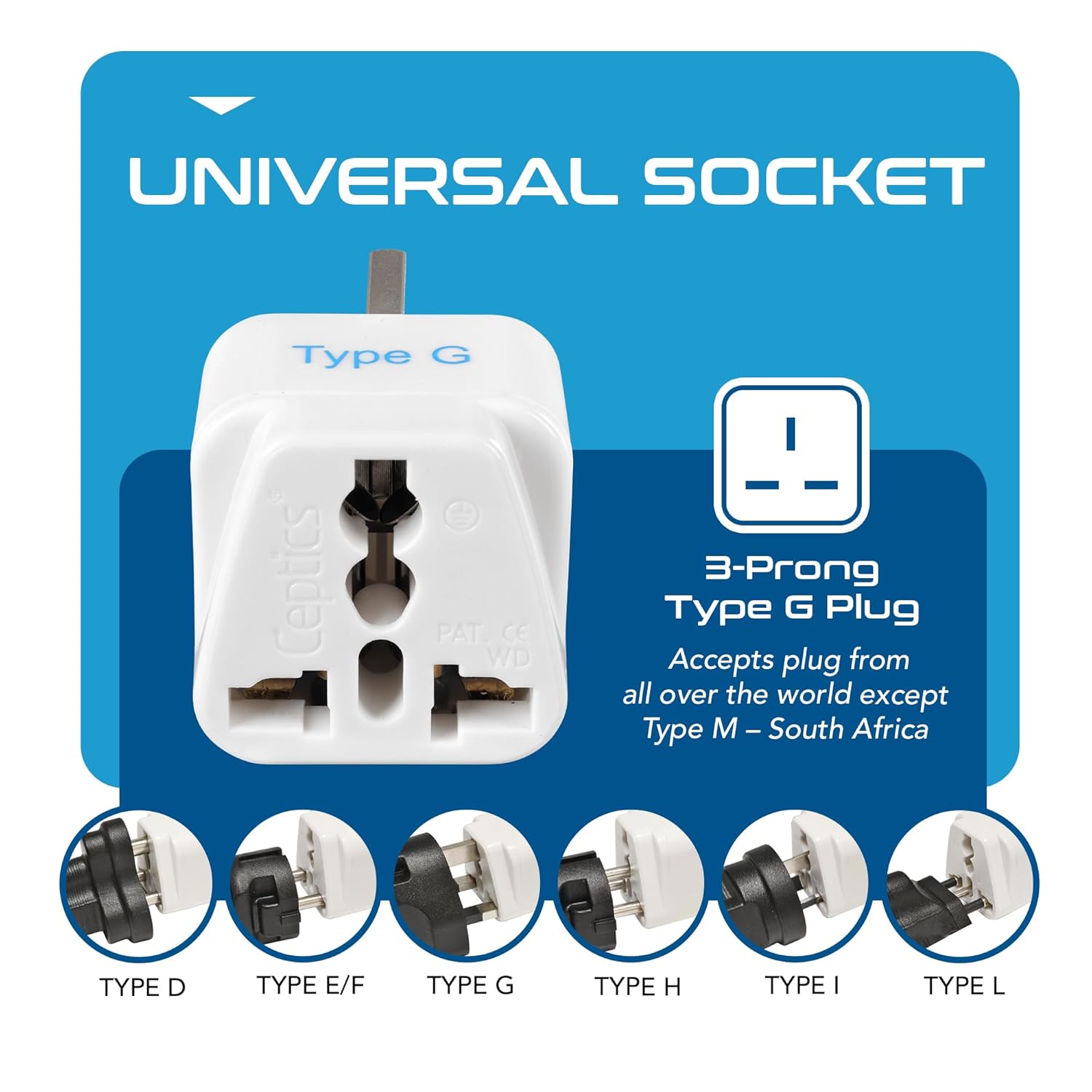 Ceptics UK Adapter for Indian Pins, India to UAE, Hong Kong, Dubai, UK Plug - Type G - Perfect for Laptop, Camera, Chargers - CE - RoHS - 3 Pack -White- Lifetime Limited Warranty