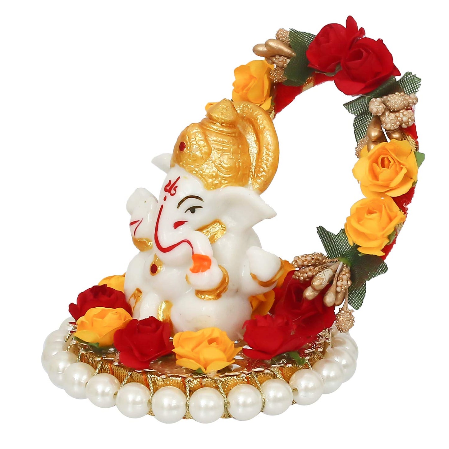 eCraftIndia Resin Lord Ganesha Idol On Decorative Rose Flower Plate| Ganesha Idol for Home Decor Car Dashboard| Ganesha Statue| Ganesh Murti| Ganpati Murti God Statue Gift for Diwali Housewarming