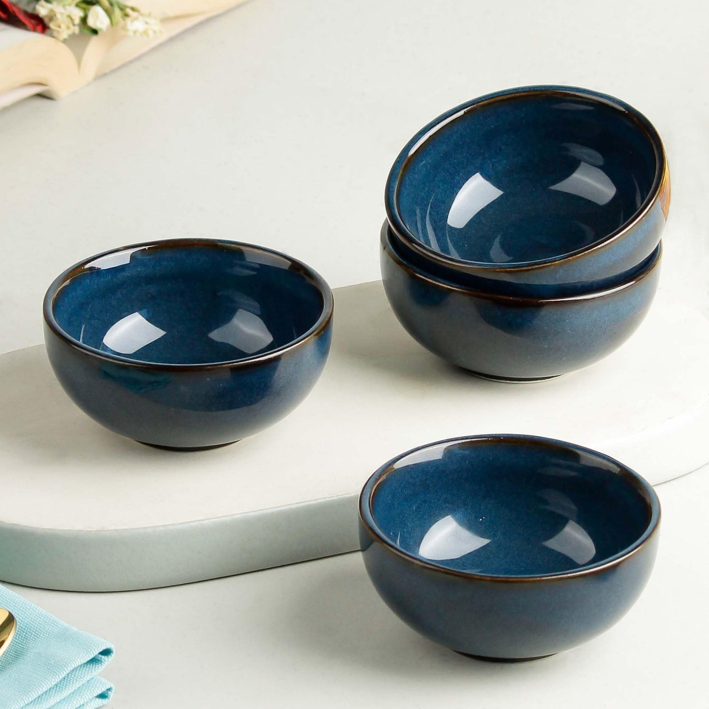 The Earth Store Glam Green Ceramic Bowl Set of 4, 250 ML Microwave & Dishwasher Safe Bowl Katori for Serving Snacks, Dal, Rice, Dessert | Perfect for Gifting and Daily Use