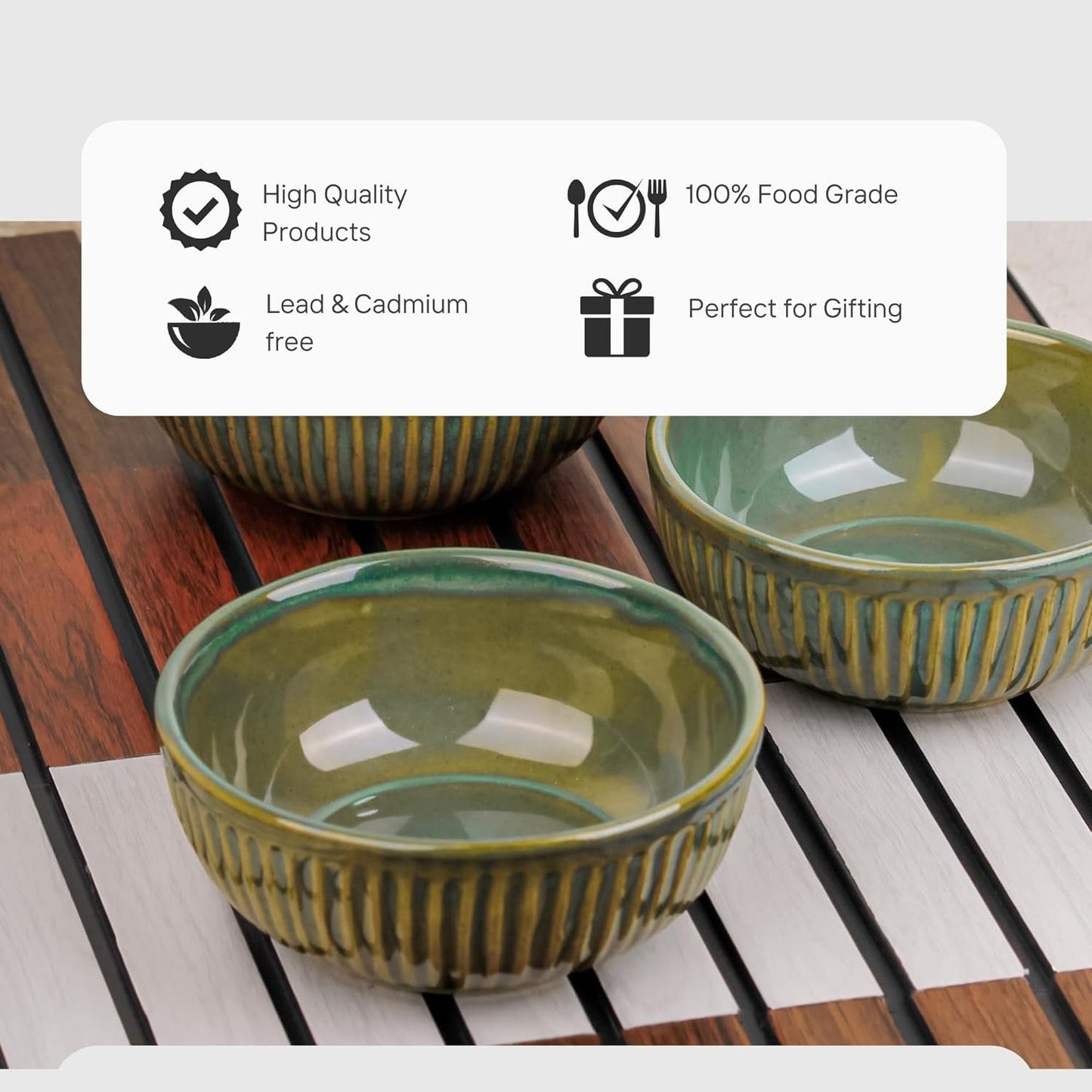 The Earth Store Glam Green Ceramic Bowl Set of 4, 250 ML Microwave & Dishwasher Safe Bowl Katori for Serving Snacks, Dal, Rice, Dessert | Perfect for Gifting and Daily Use