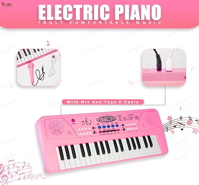 VikriDA Kids Keyboard Piano, 37 Keys Piano Keyboard with Power Option (37 Keys and 8 Tones, 8 Rhythms 4 Percussion) Pink