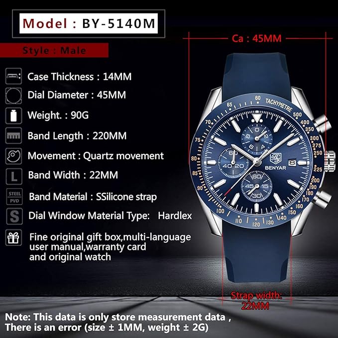 BENYAR Men's Luxury Chronograph Watch – Business, Casual | Quartz Movement with Date Display | Stylish Wristwatch | Gift for Men