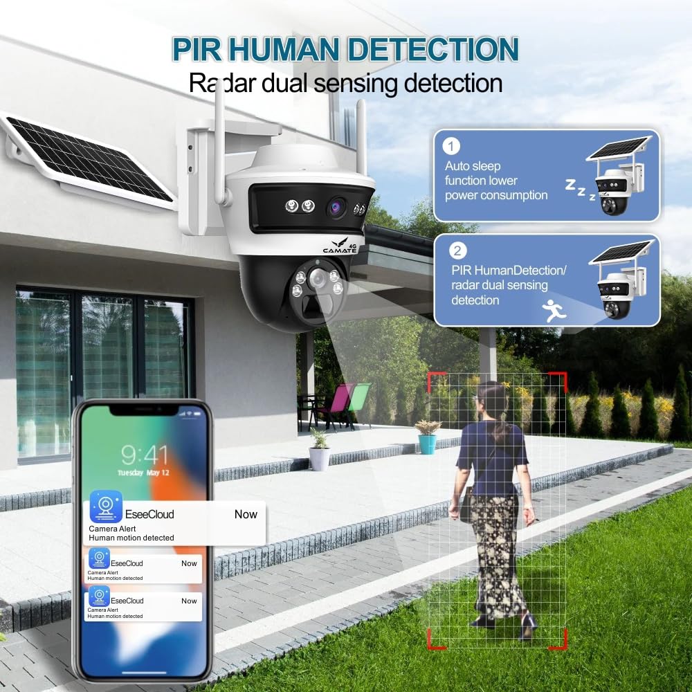 Camate Stellar Duo 4+4MP 4G SIM Based Wireless Outdoor CCTV Camera | Solar Powered Battery | No WiFi Needed | Color Night Vision | Motion Detection | 2-Way Audio | Weatherproof | Supports 256GB SDcard